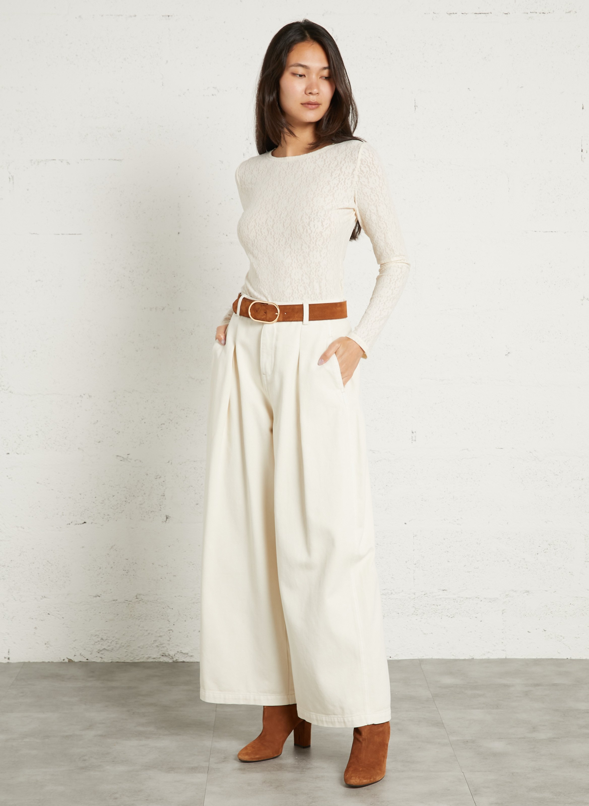 High-rise wide-leg cotton jeans SUNCOO White
