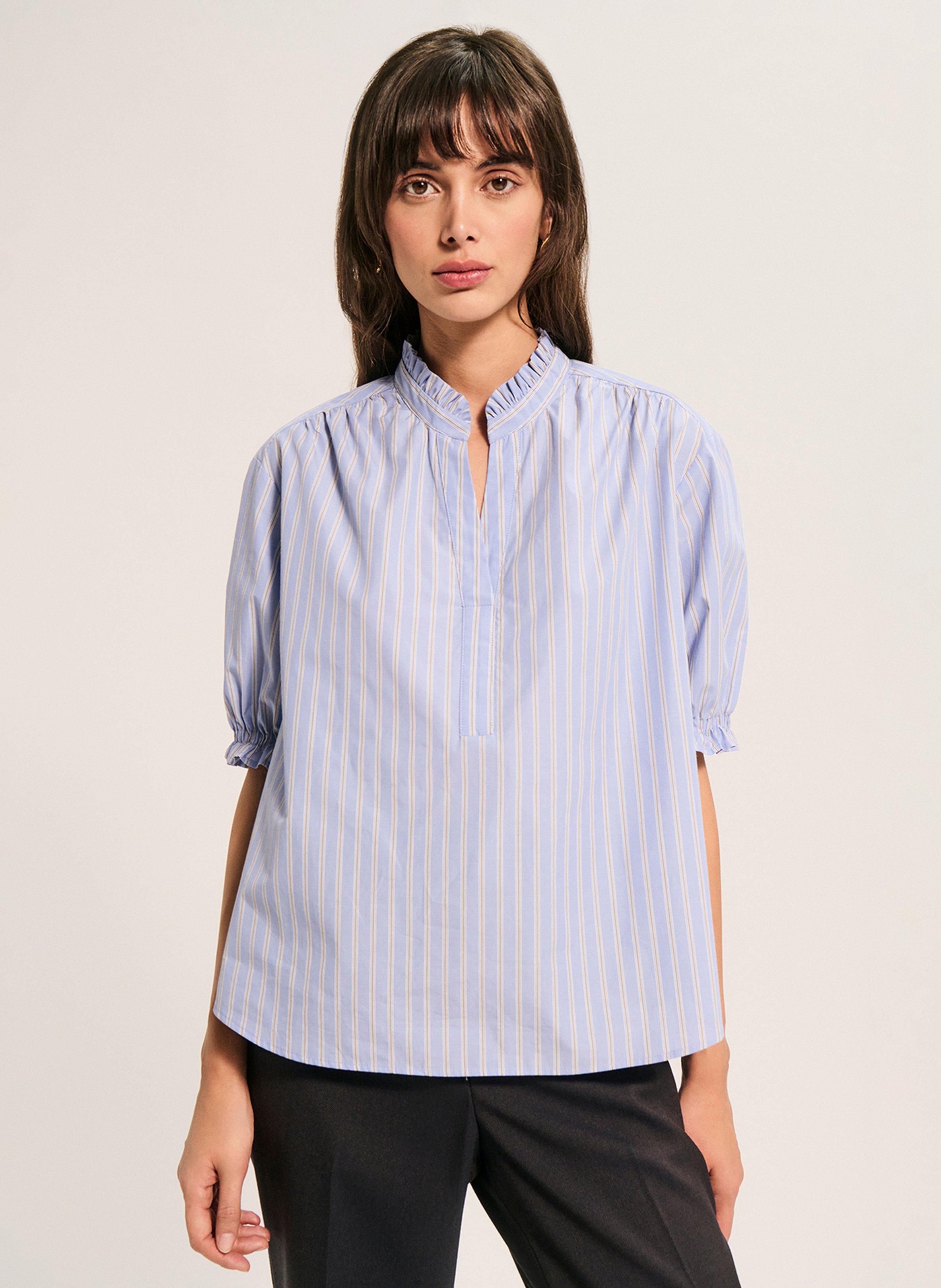 Blouse col tunisien rayée PABLO Bleu