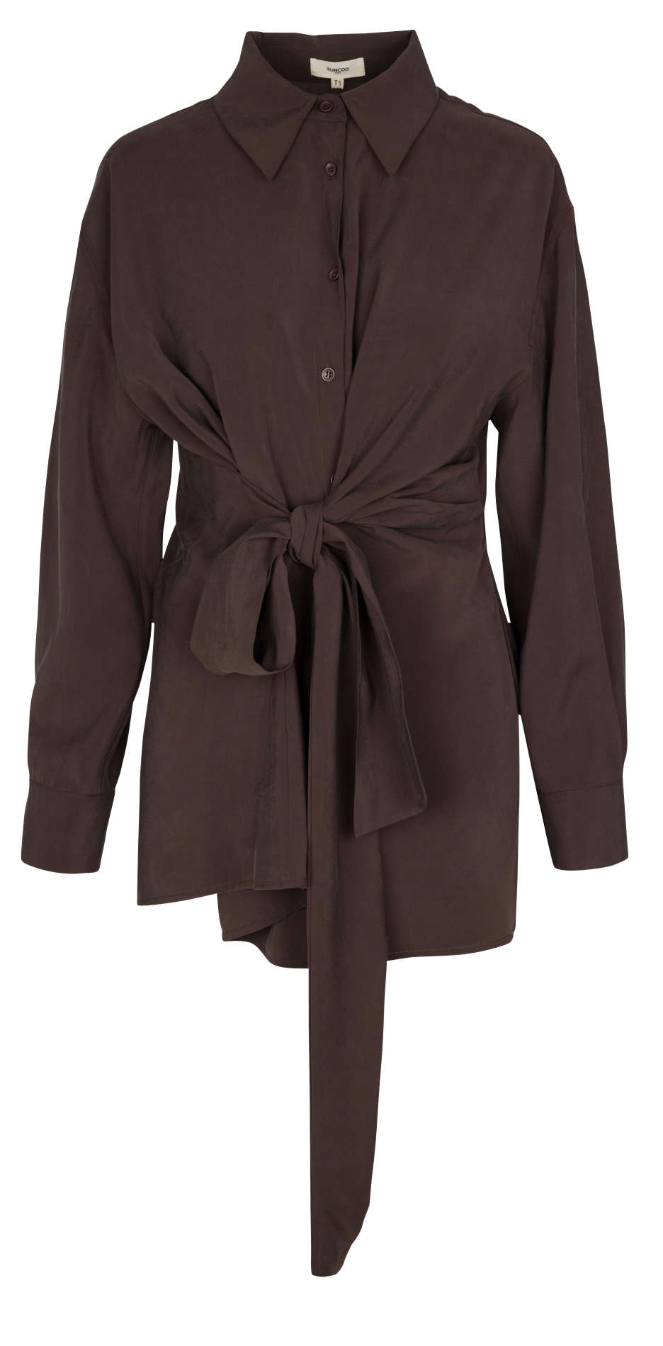 Solid straight shirt with tie SUNCOO Brown
