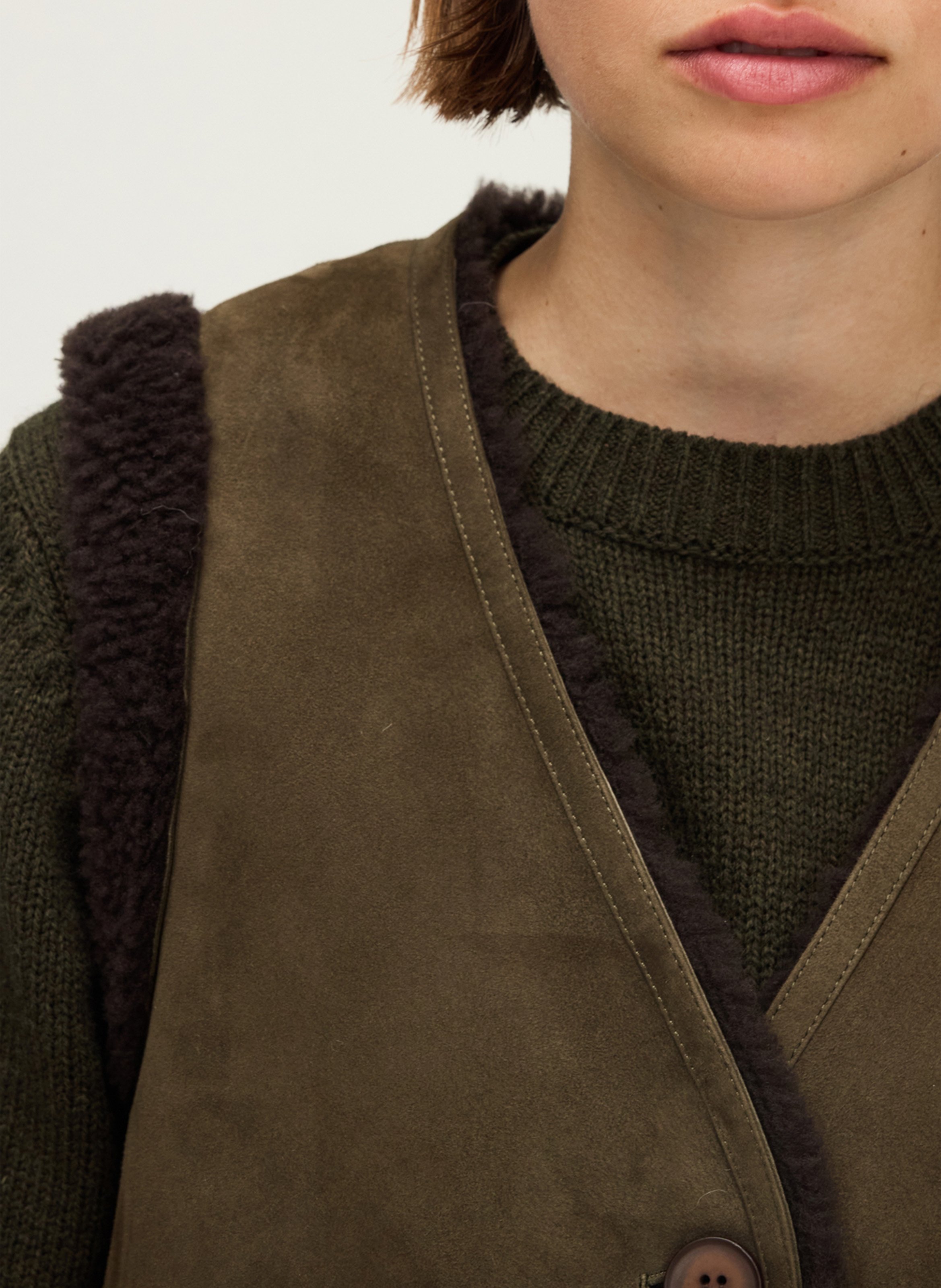 Reversible leather v-neck jacket PABLO Khaki