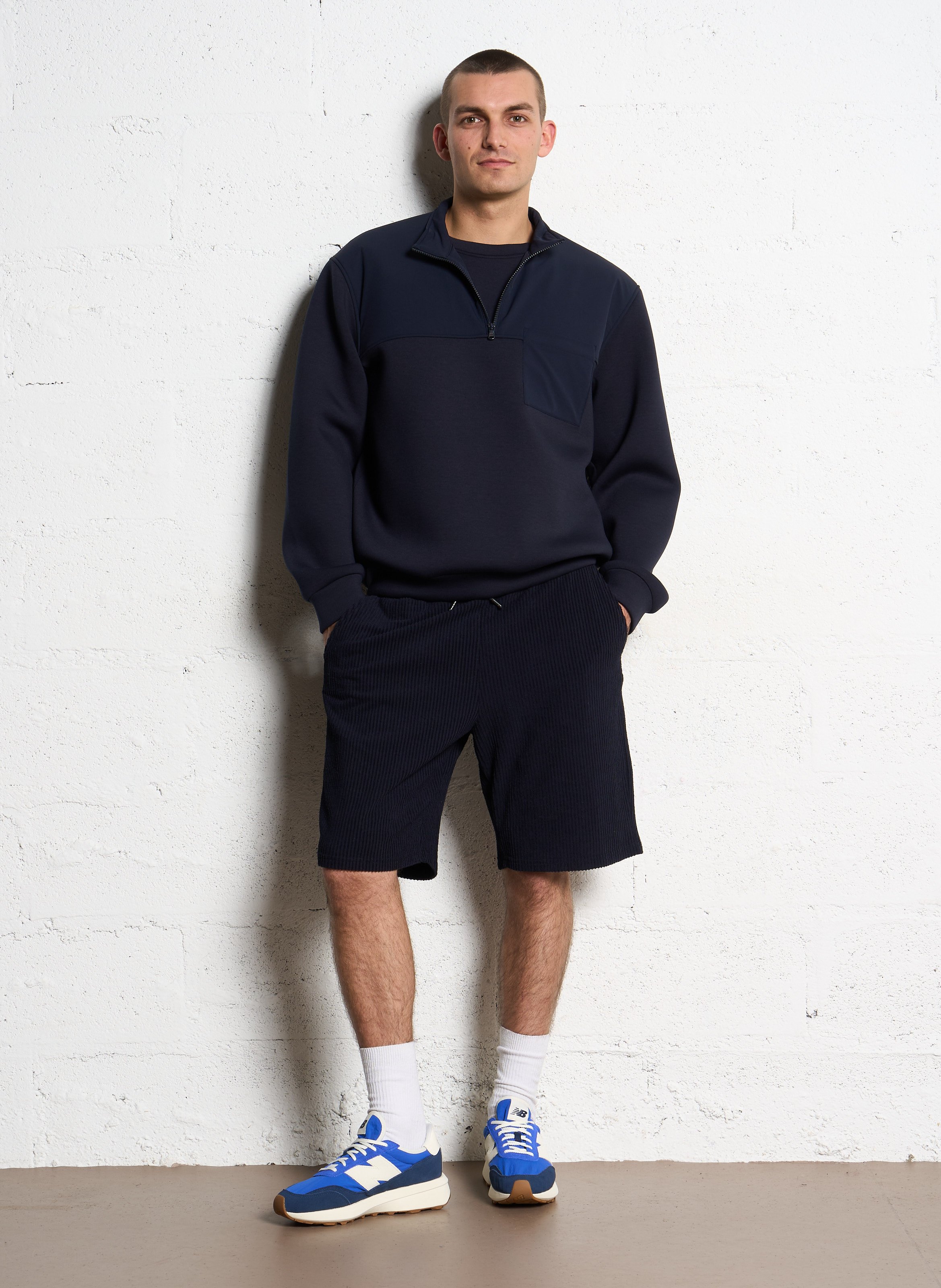 Sweat droit bi-matière col zippé IKKS Bleu