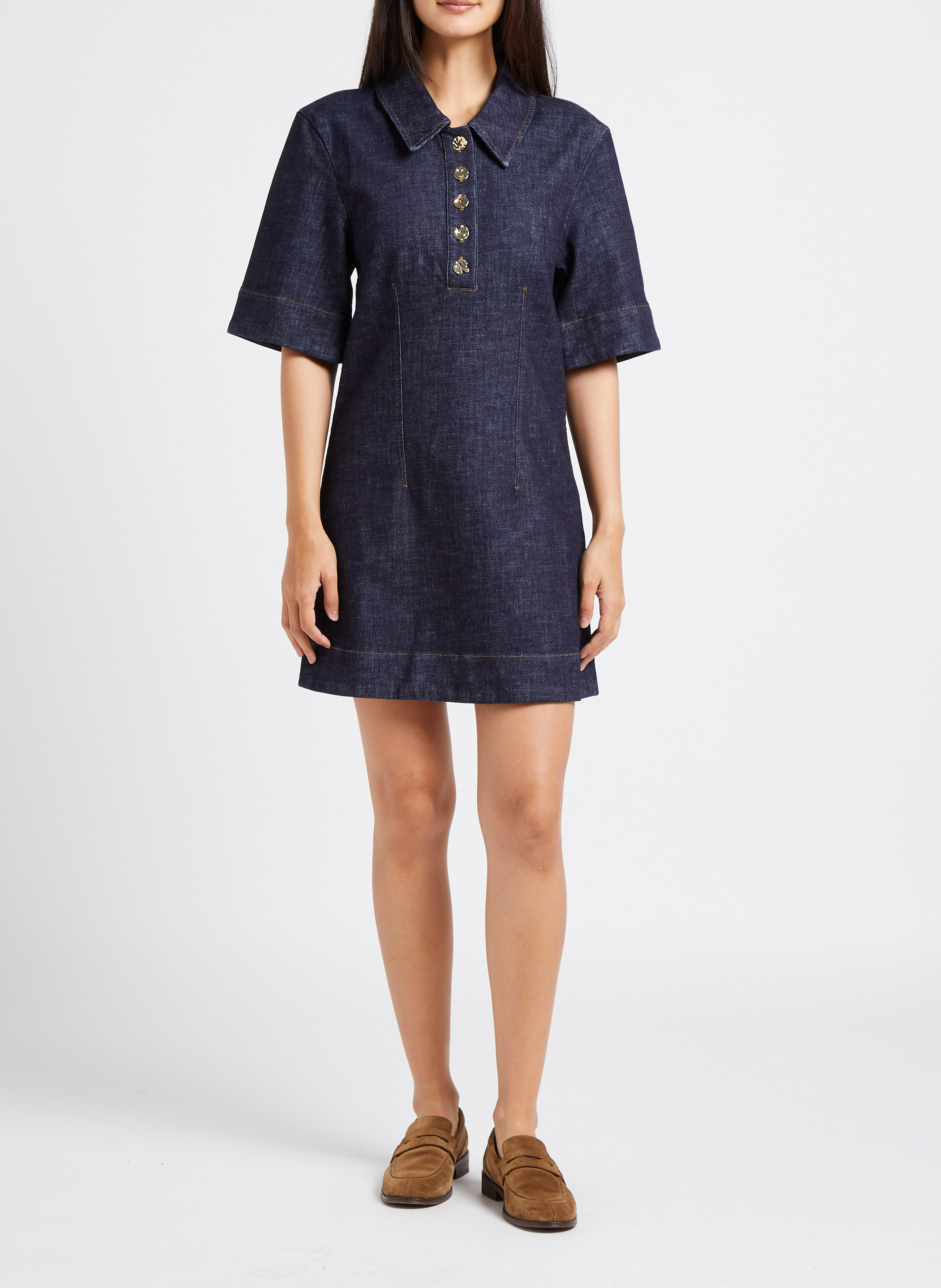 Korte jurk van stretchkatoen met puntkraag MAISON LABICHE Blauw