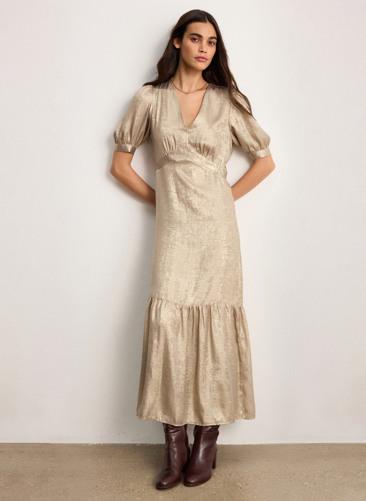 Long fitted V-neck dress PABLO Golden