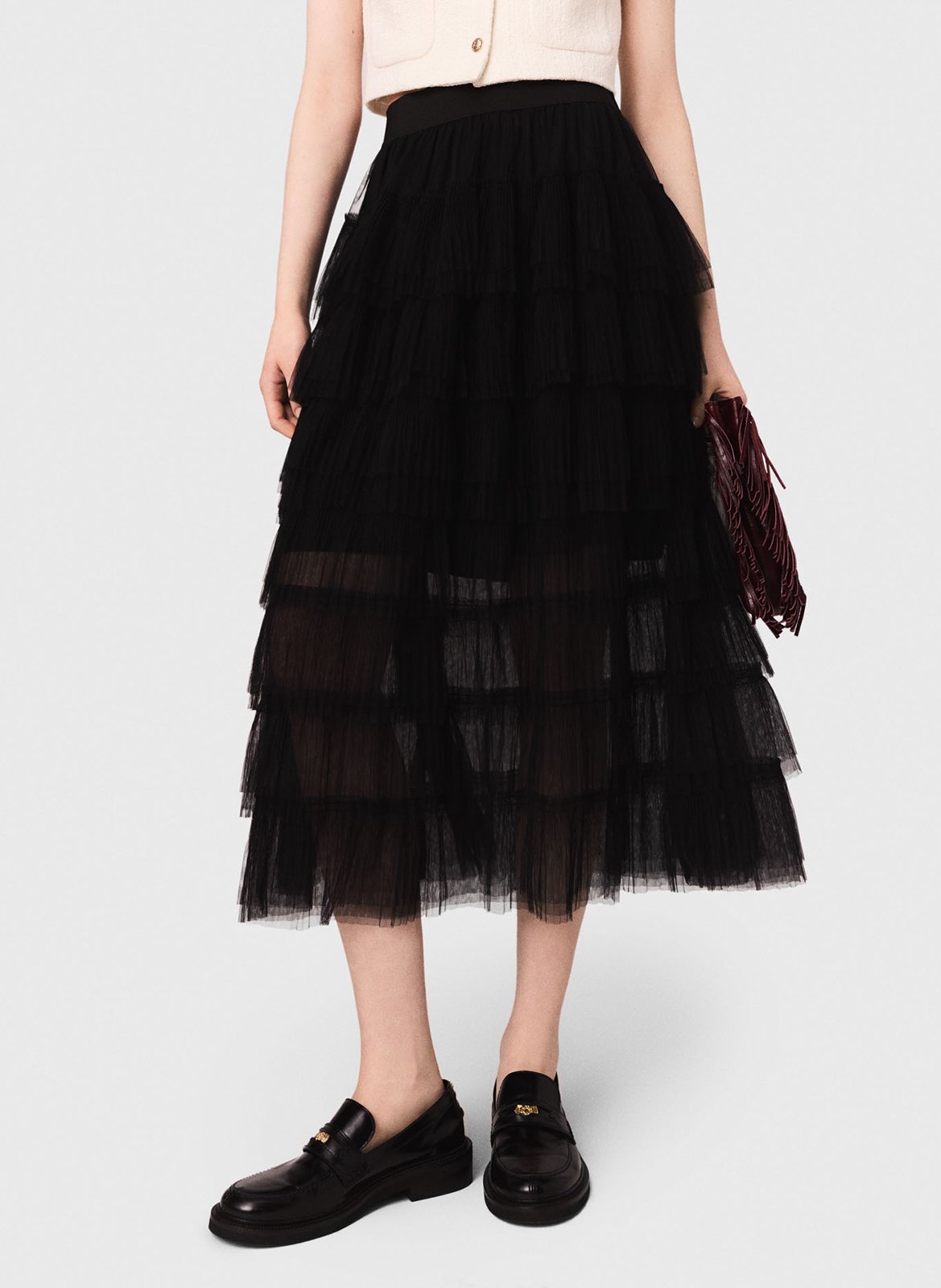 Jupe midi à volants en tulle MAJE Noir