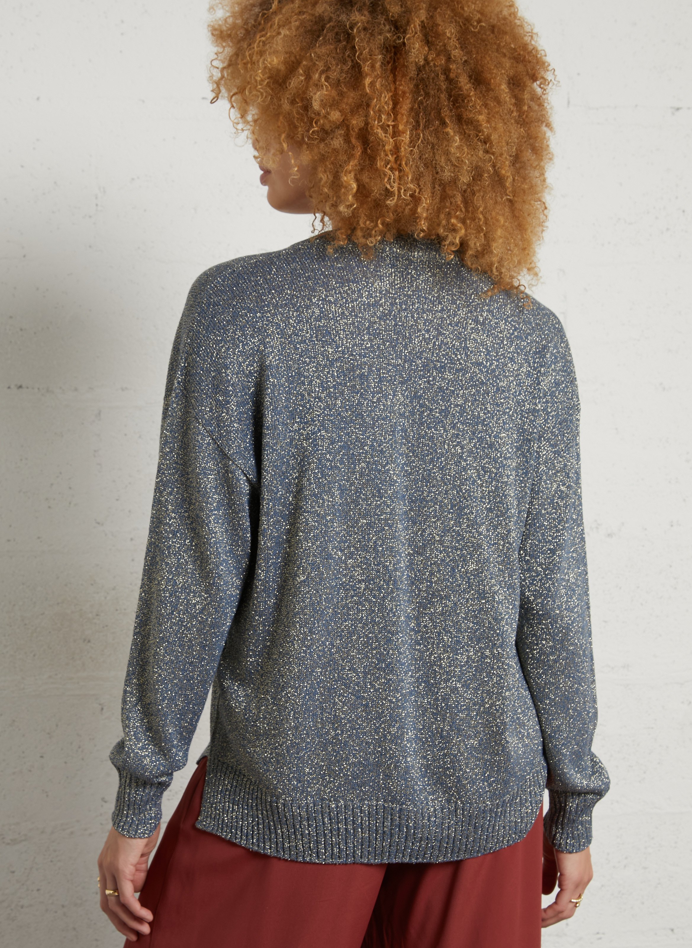 Loose-fit metallic knit V-neck sweater MOMONI White