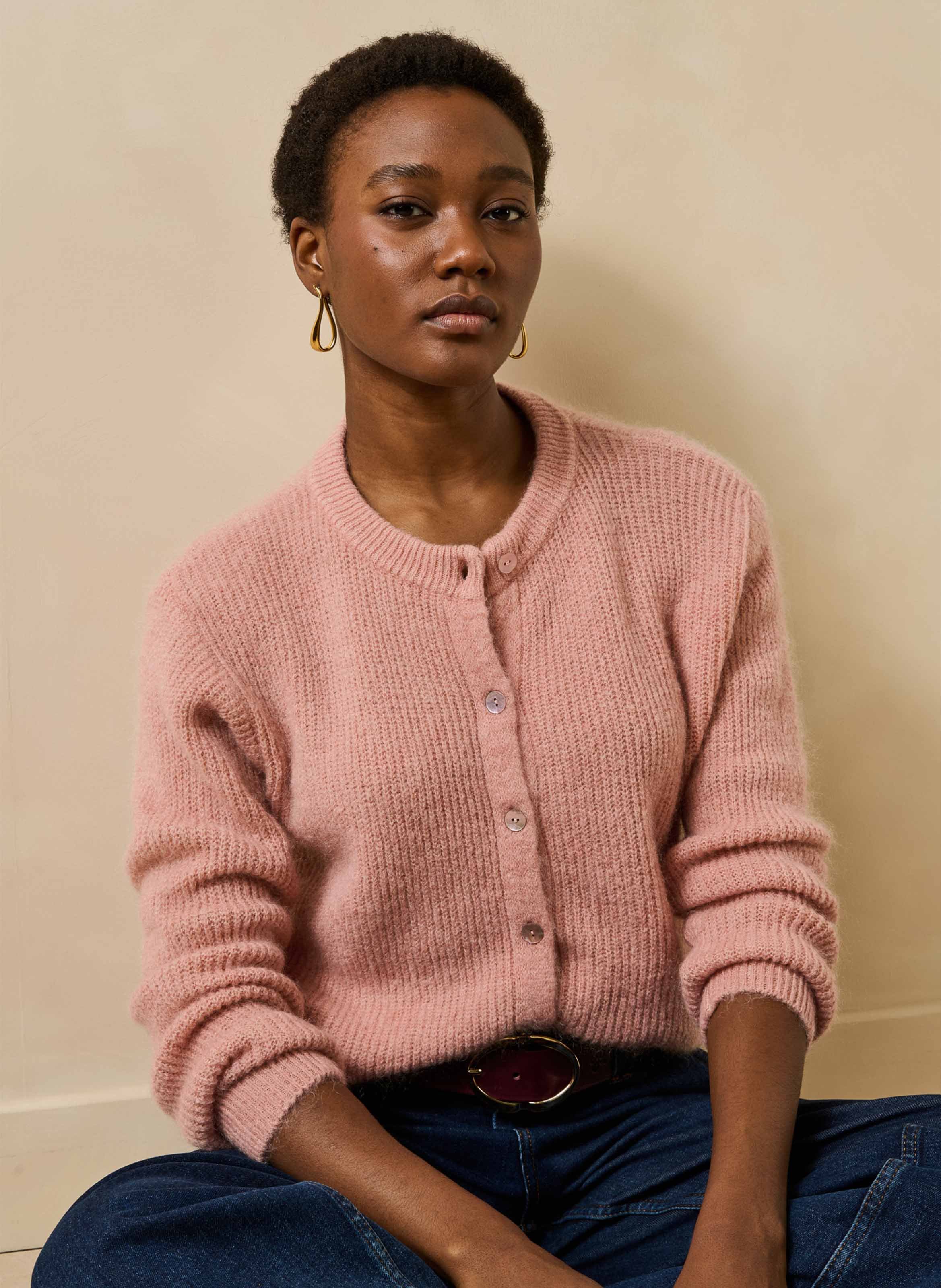 Loose-fit mixed-knit cardigan with round neck LA FEE MARABOUTEE Pink
