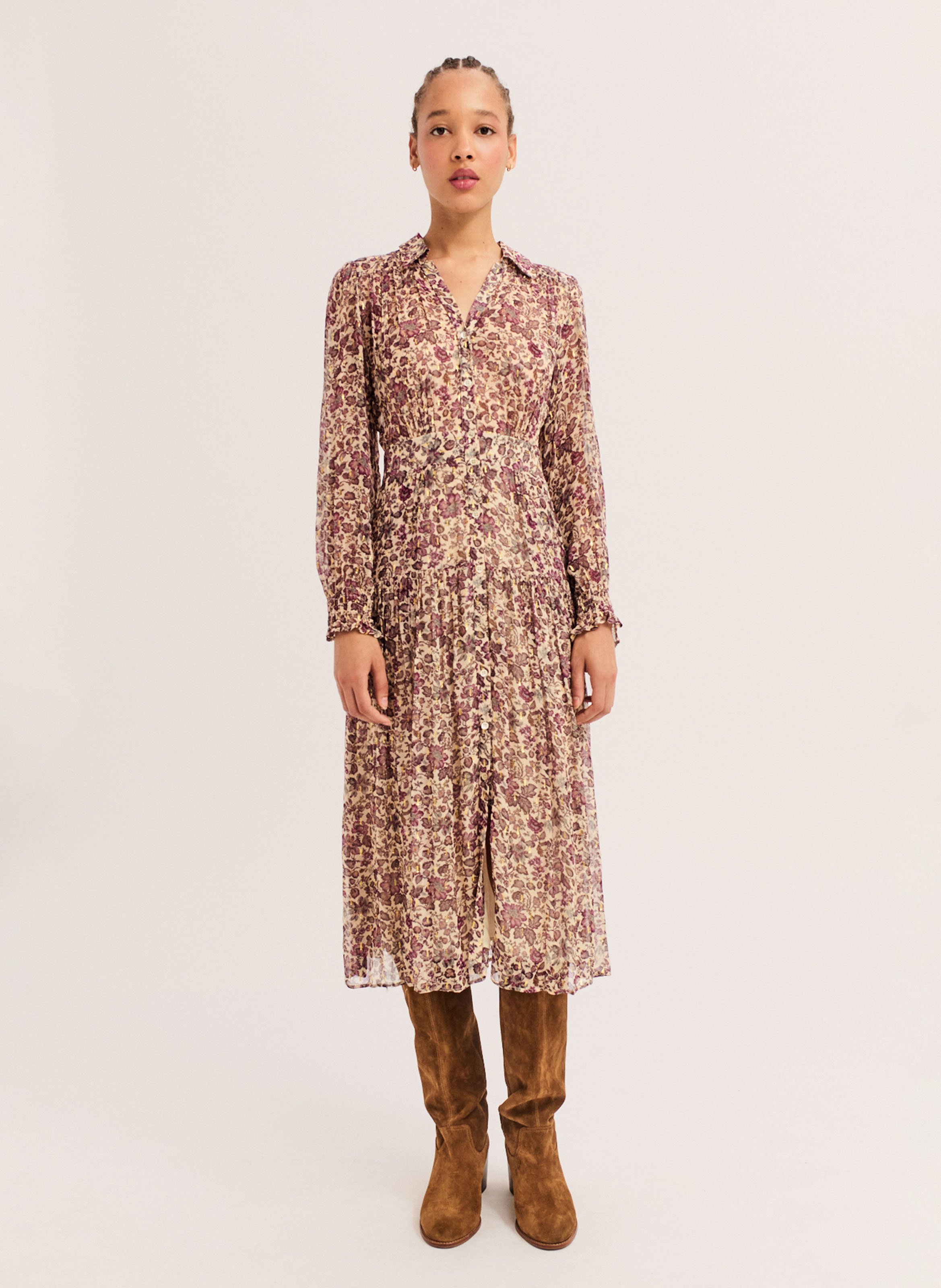 Langes Kleid mit klassischem Kragen und Print PABLO Beige