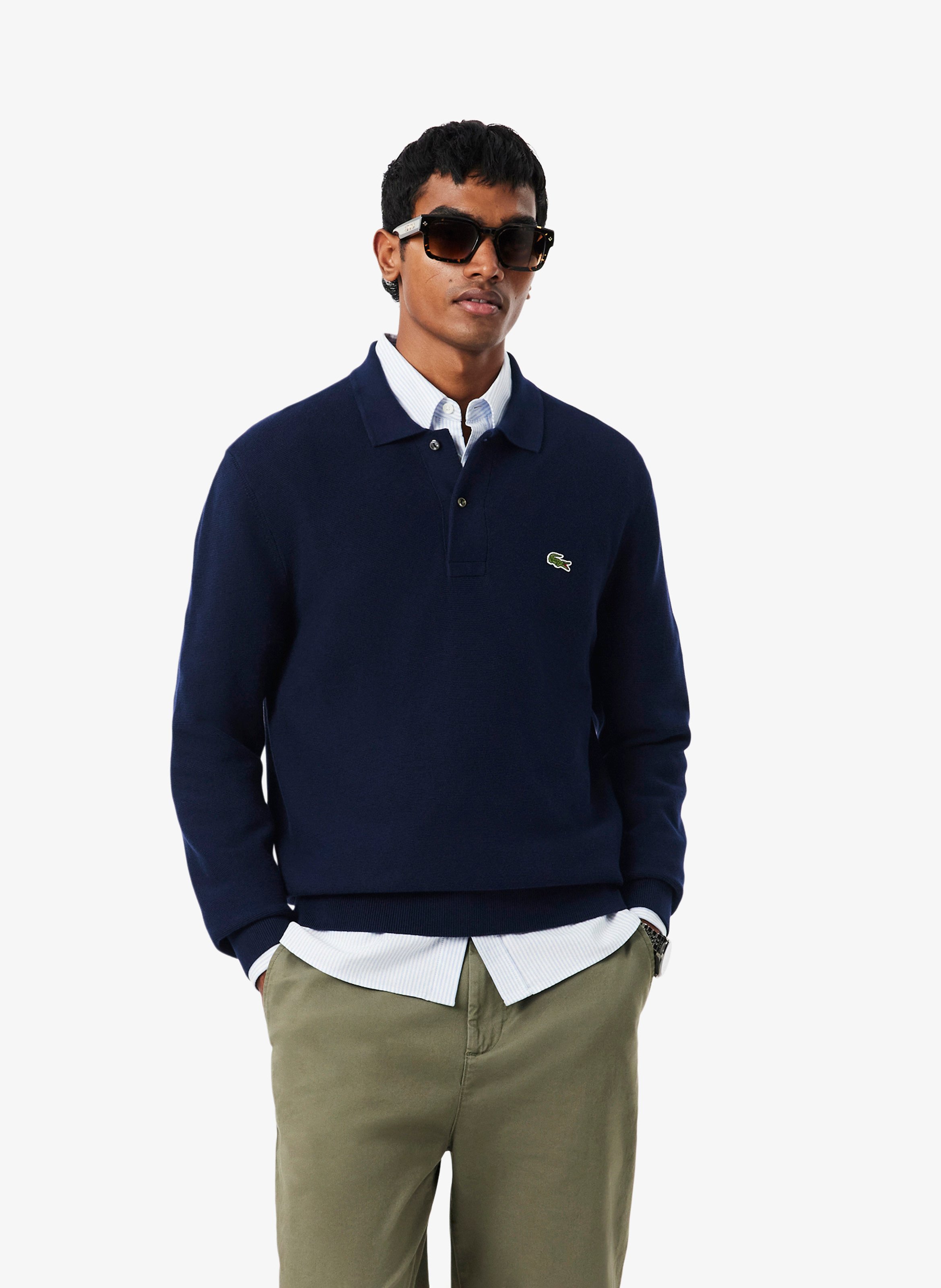 Straight fit long-sleeved cotton polo LACOSTE