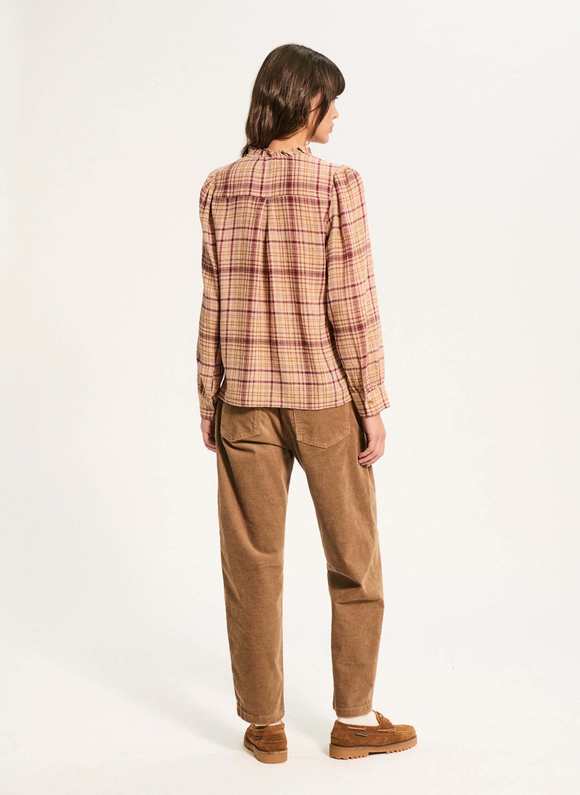Chemise col V à carreaux PABLO Beige