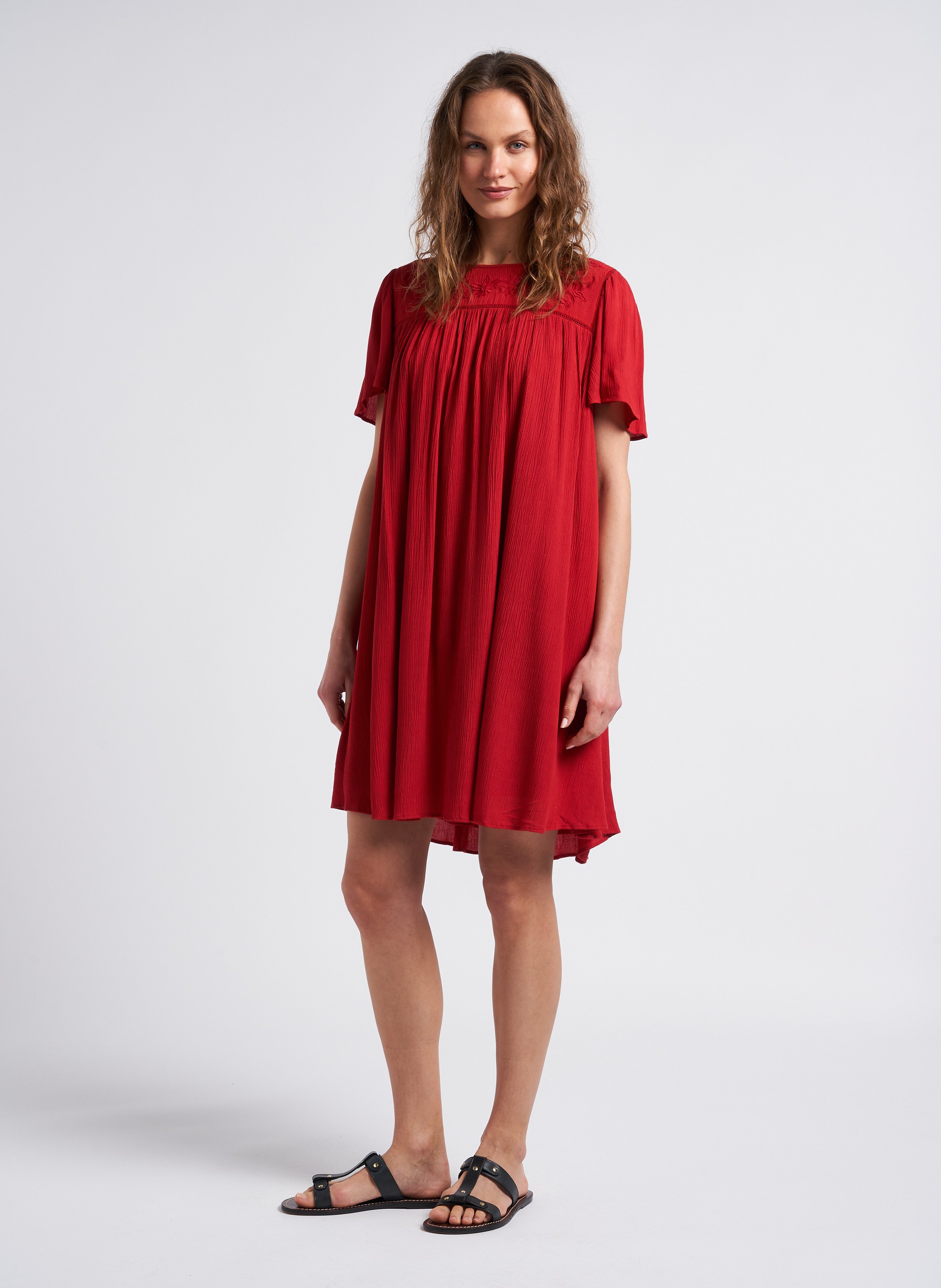 Robe Courte Col Rond En Coton M lang Revia Rouge Fonce One Step