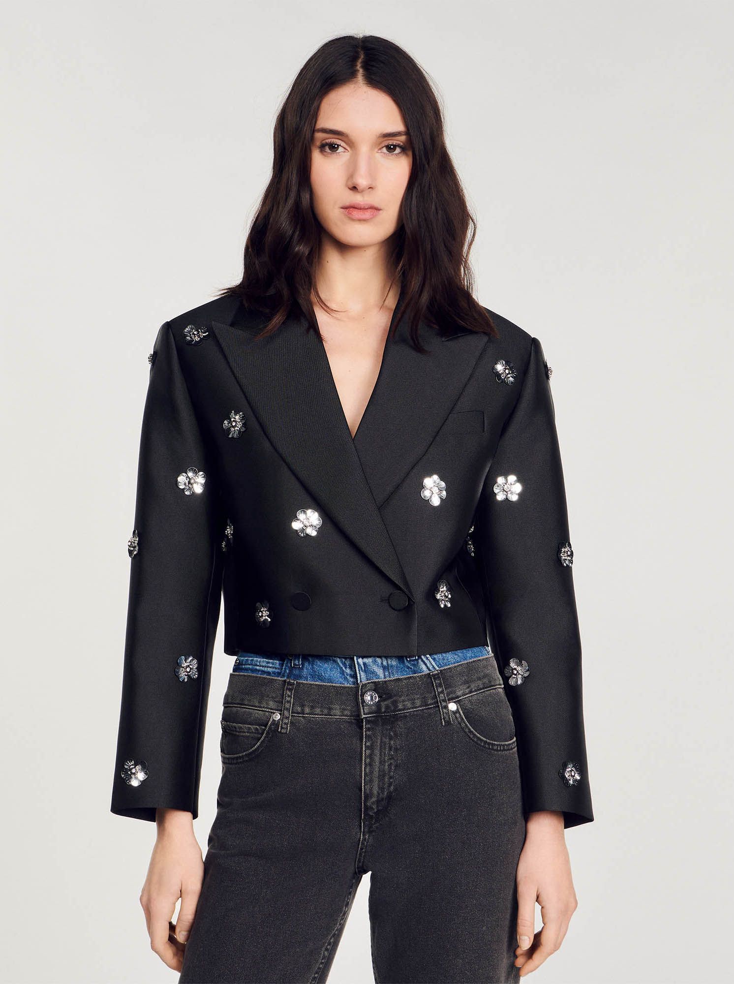 Short Straight Embroidered Tailored Jacket Noir Sandro Women