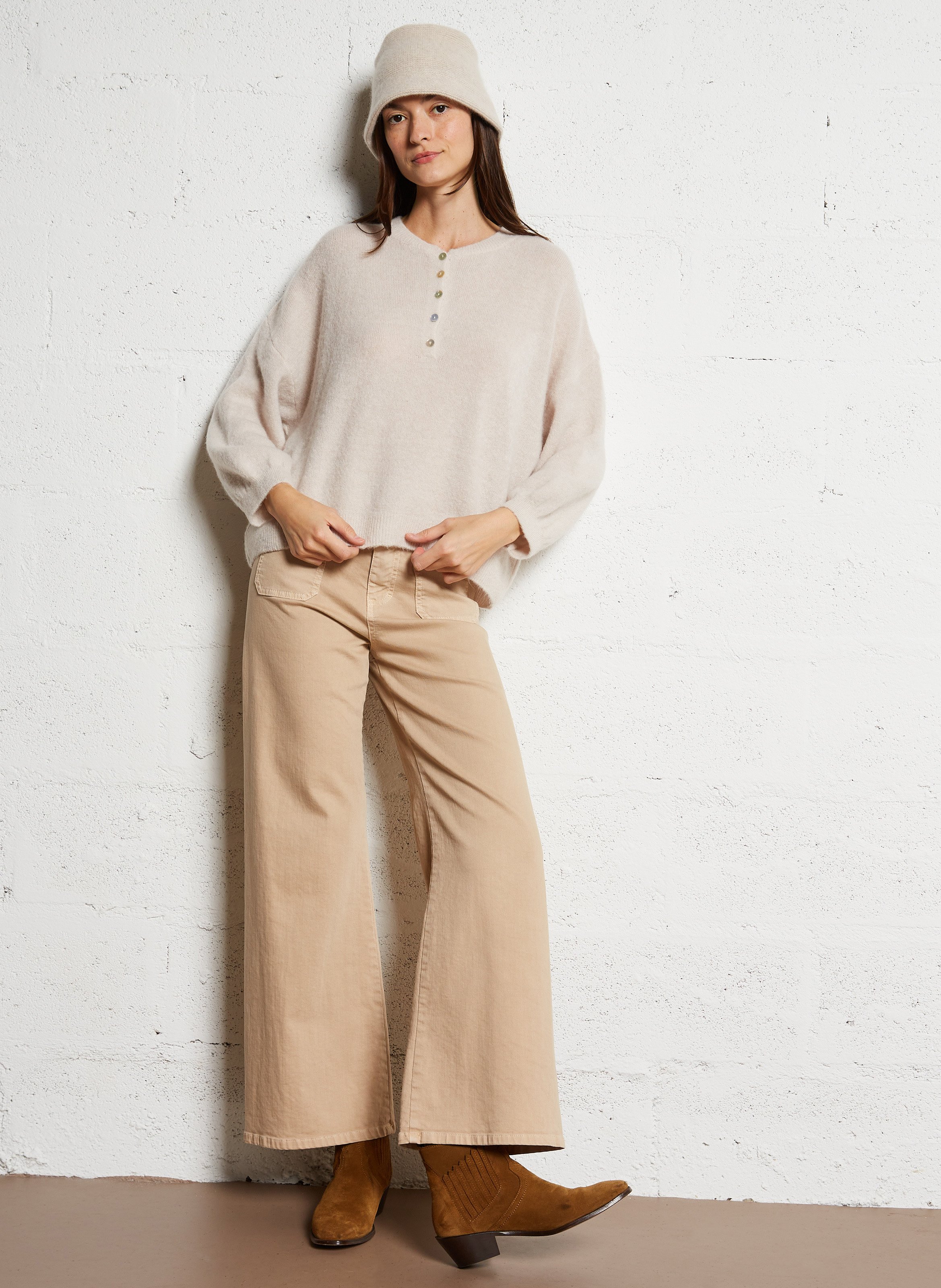 High-rise wide-leg cotton jeans PLEASE Beige