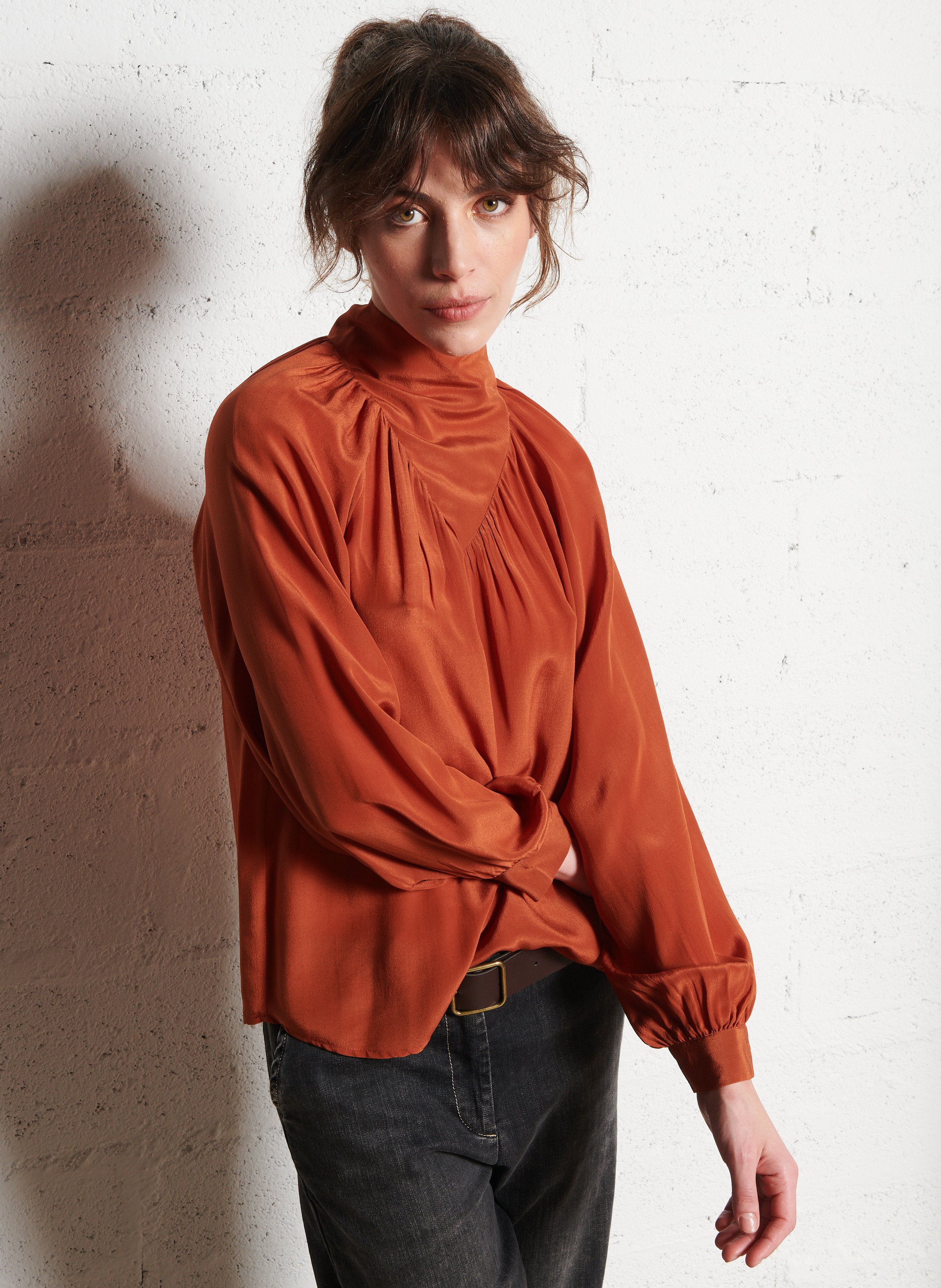 Silk high-neck blouse BELLEPIECE Brown