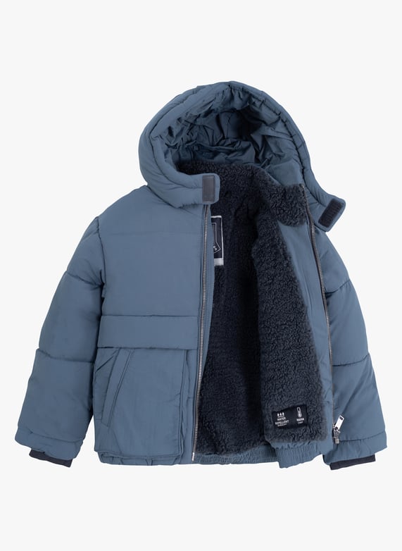BLUE PUFFER COAT WITH HIGH COLLAR AND HOOD, CHILD BLUE PUFFER COAT WITH HIGH COLLAR AND HOOD, CHILD