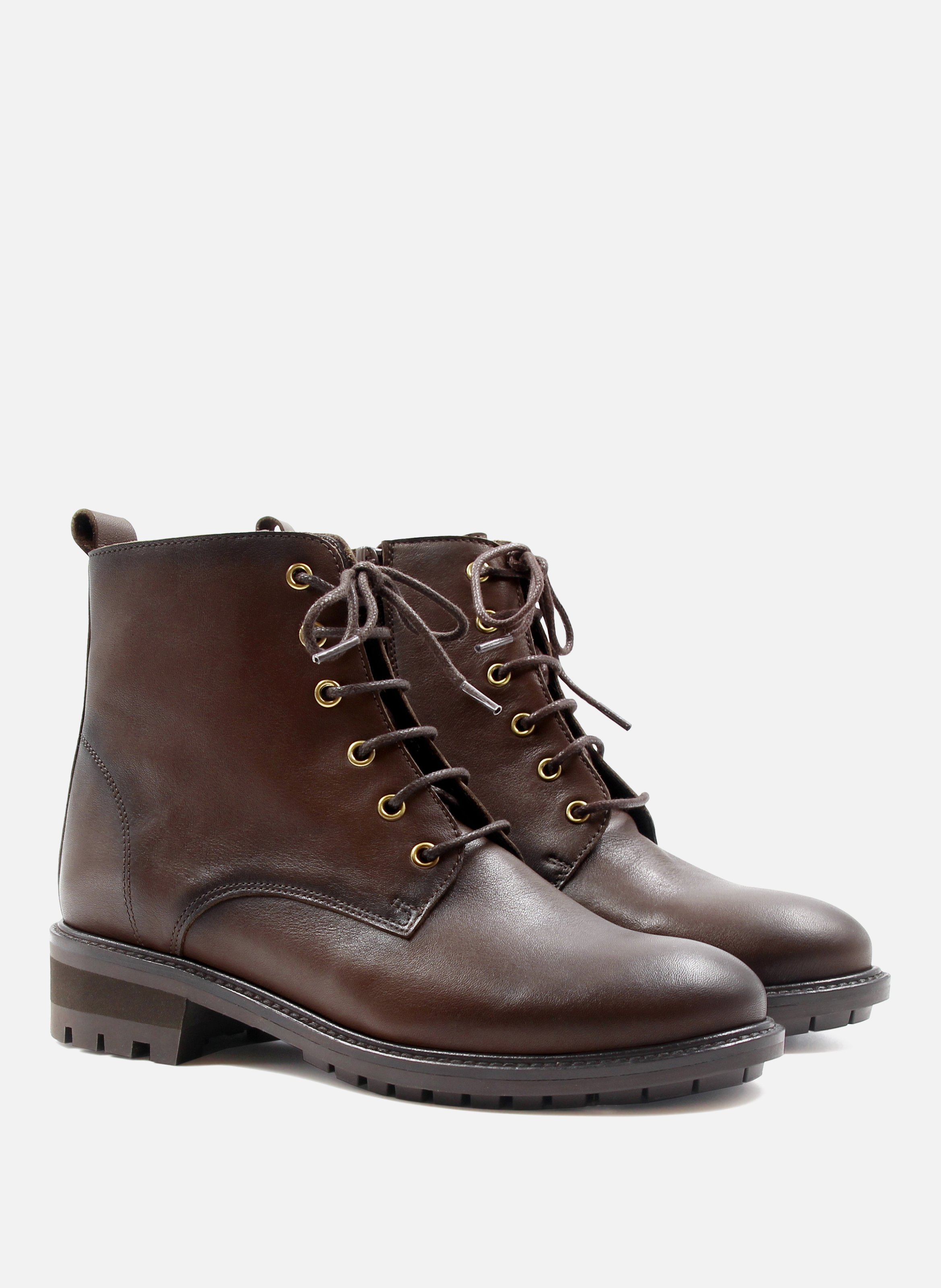 Lace-up flat leather mid-calf boots JULES & JENN Brown