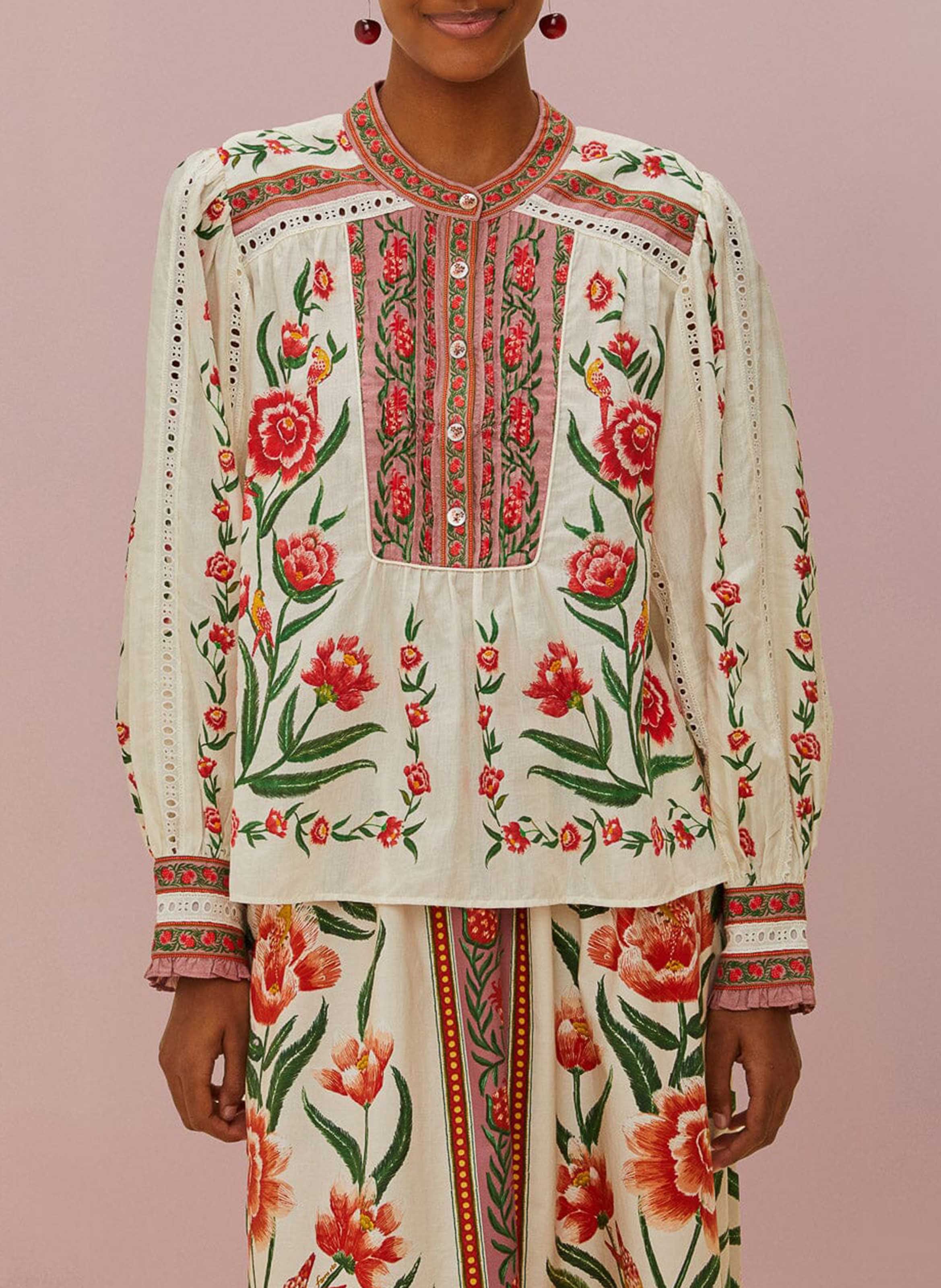 Round-neck cotton-blend blouse FARM RIO Beige