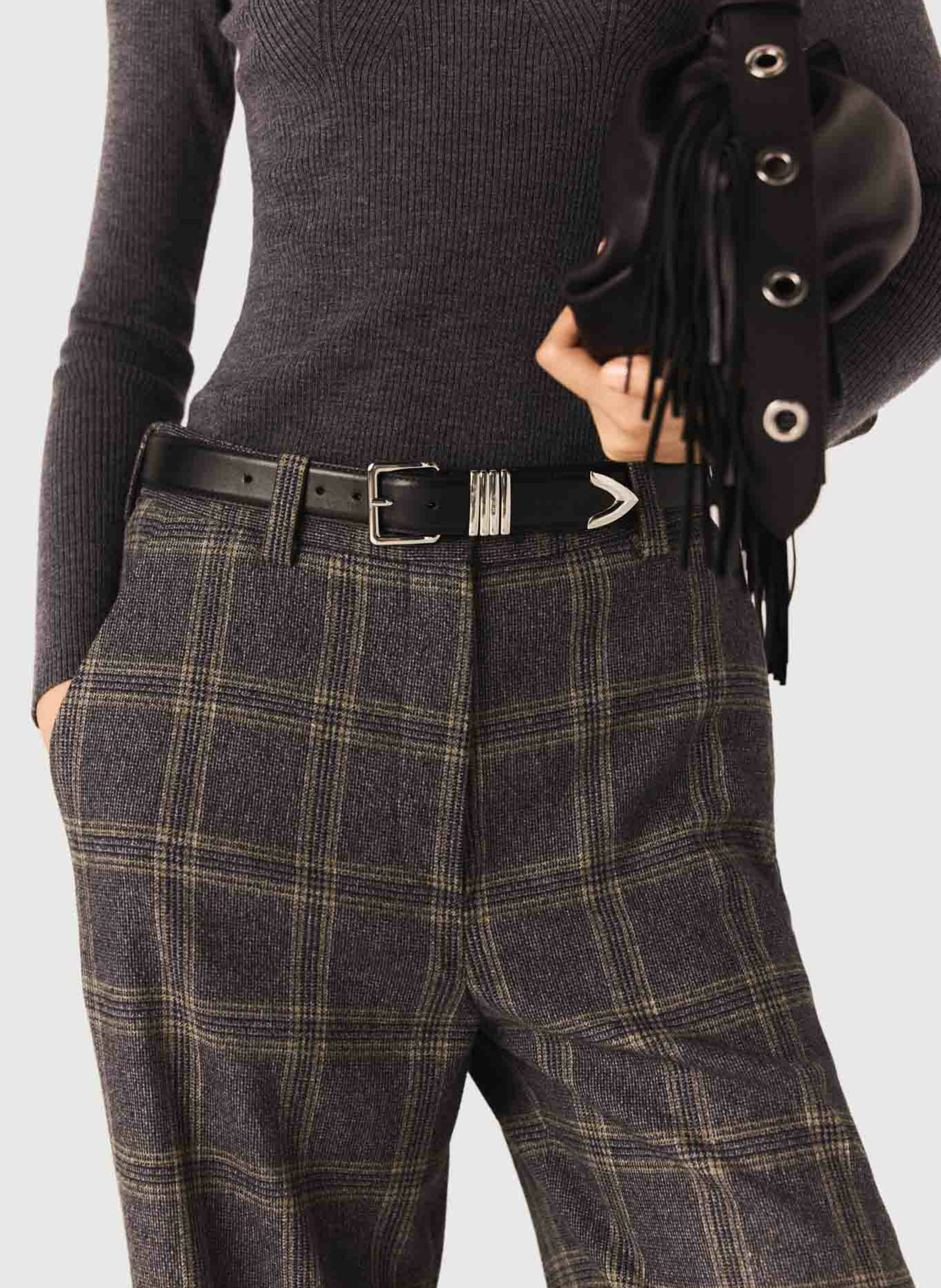 Pantalon large taille haute à carreaux MAJE Gris