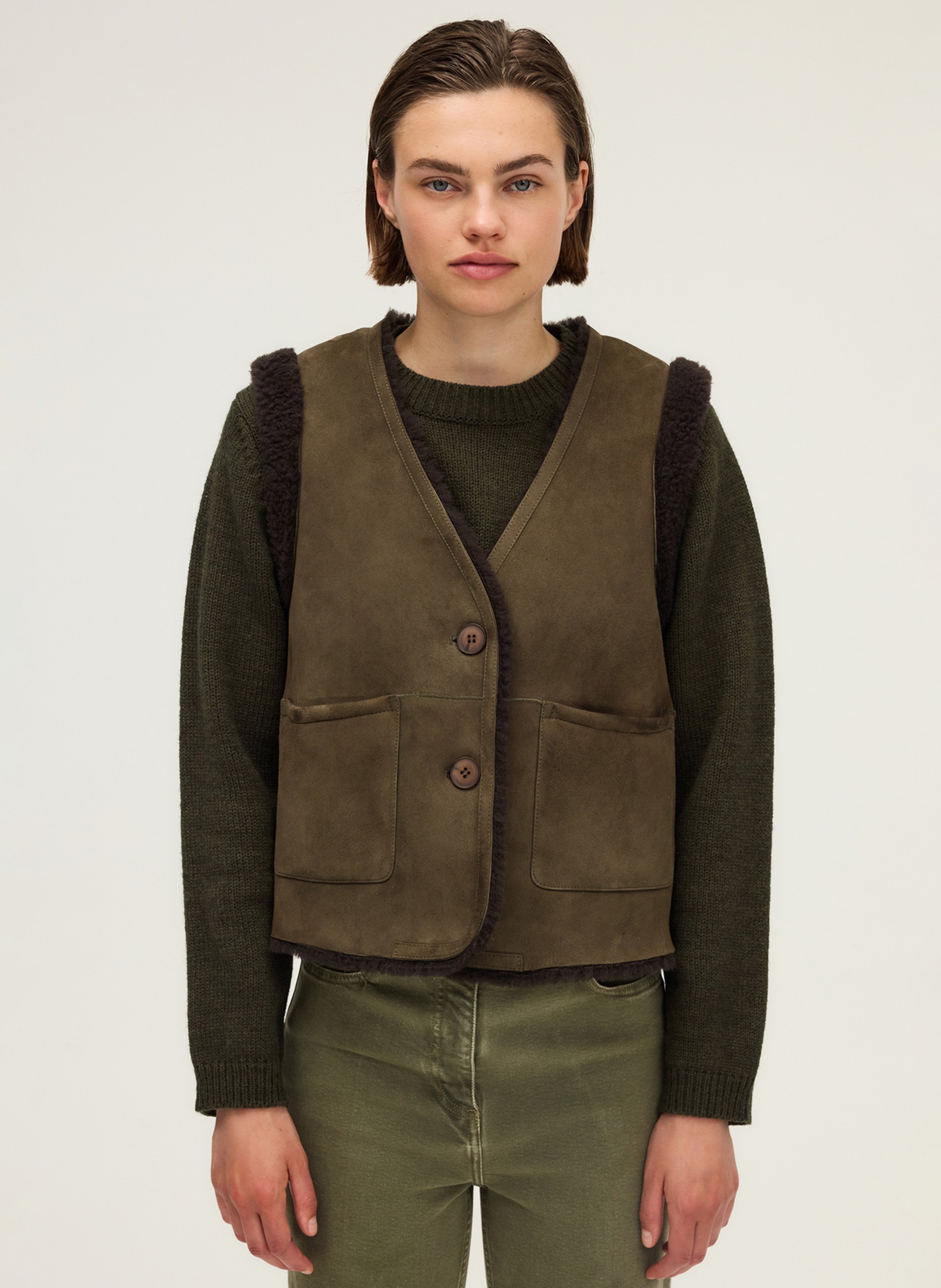 Reversible leather v-neck jacket PABLO Khaki