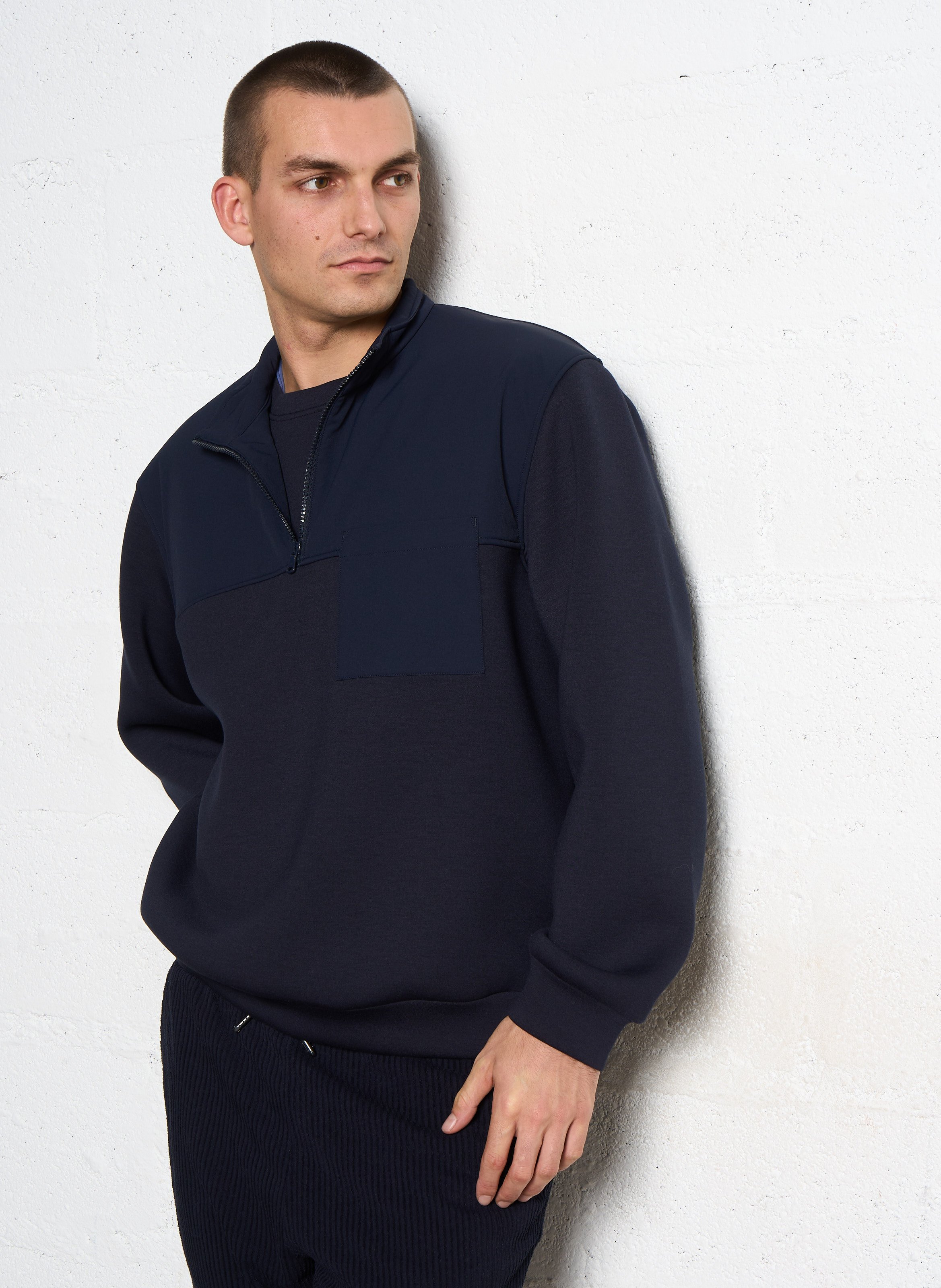 Sweat droit bi-matière col zippé IKKS Bleu
