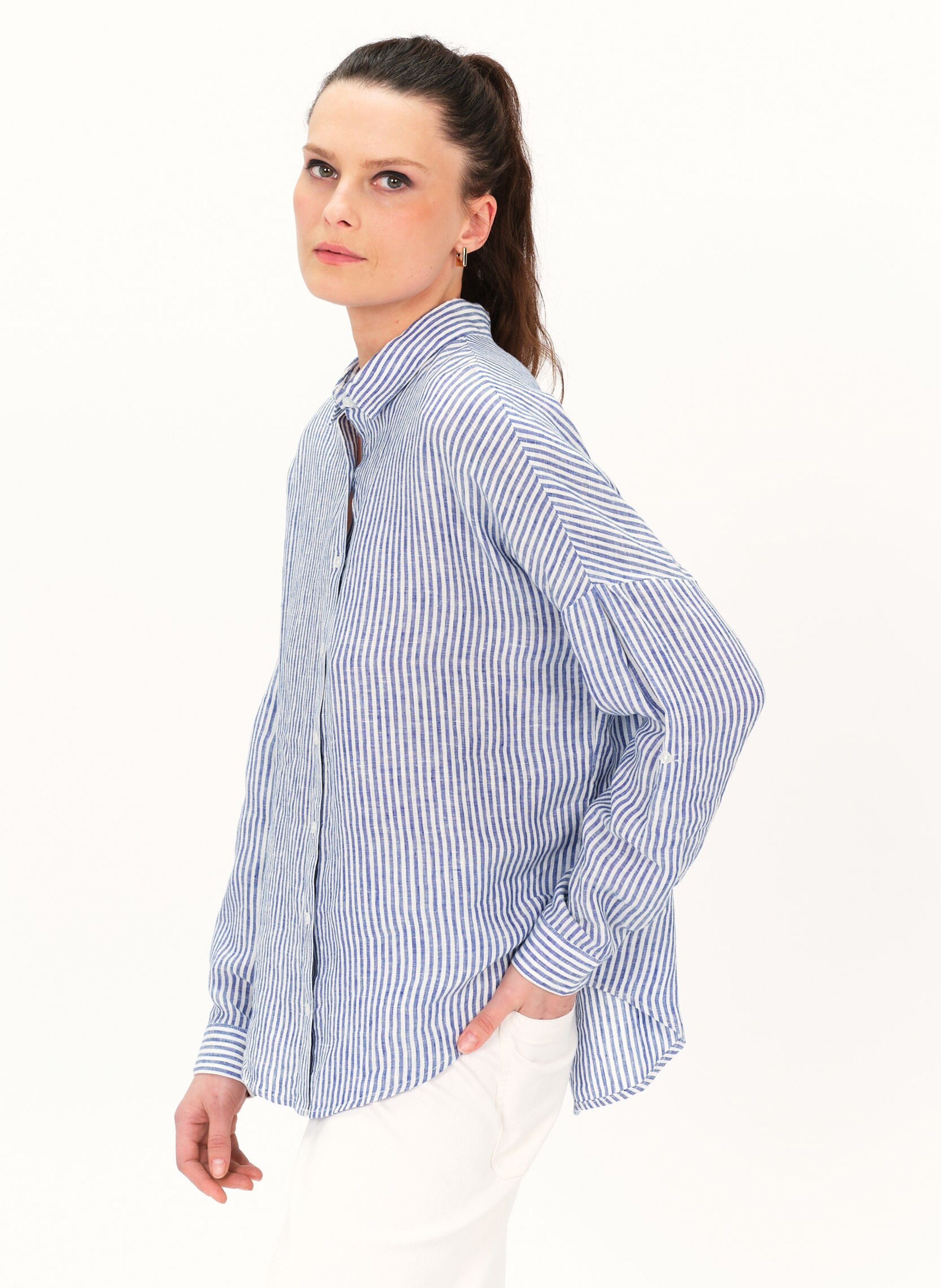 Chemise col classique rayée en lin CAROLL Bleu