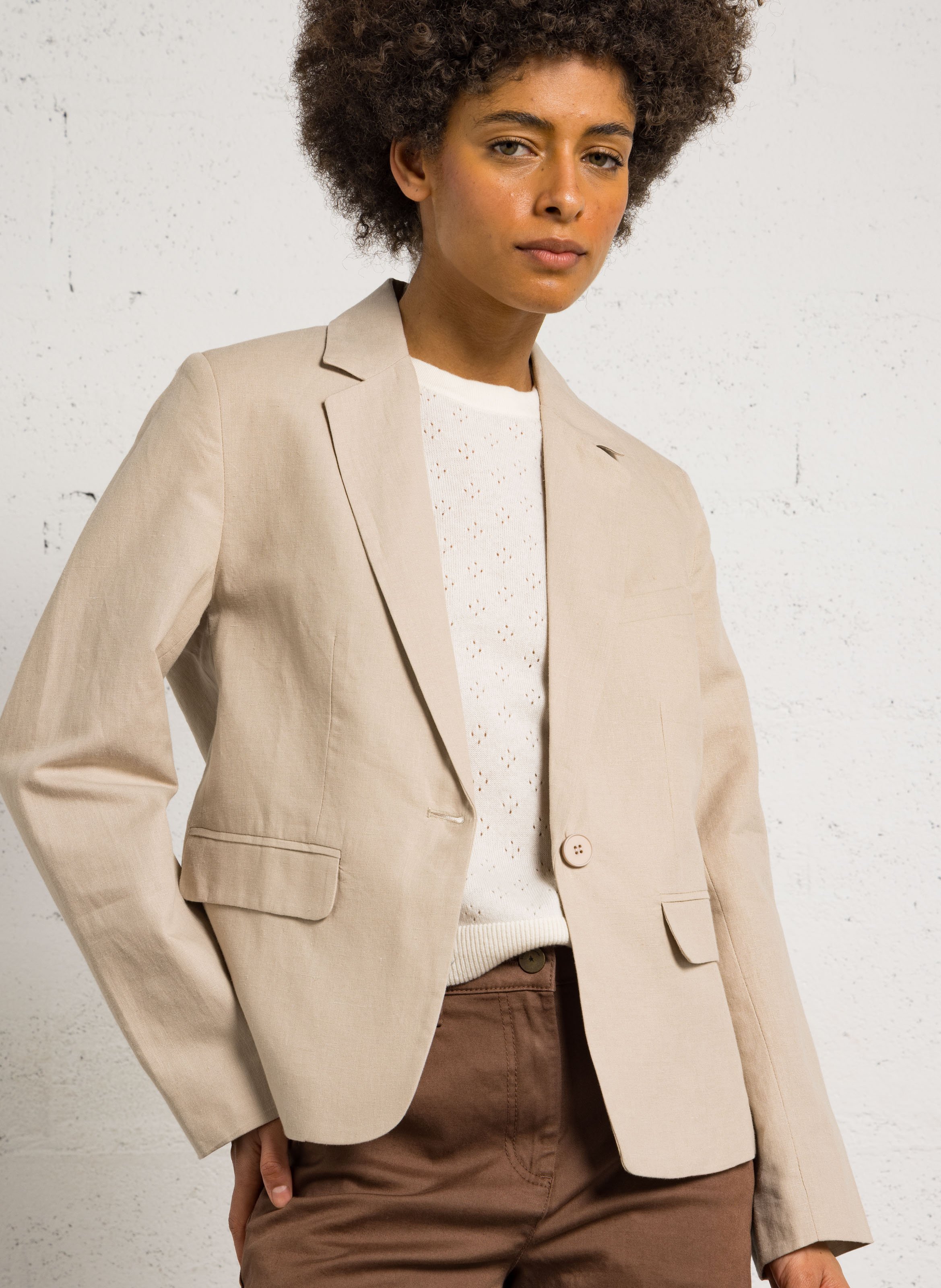 Veste droite col tailleur en lin et coton SUD EXPRESS Beige