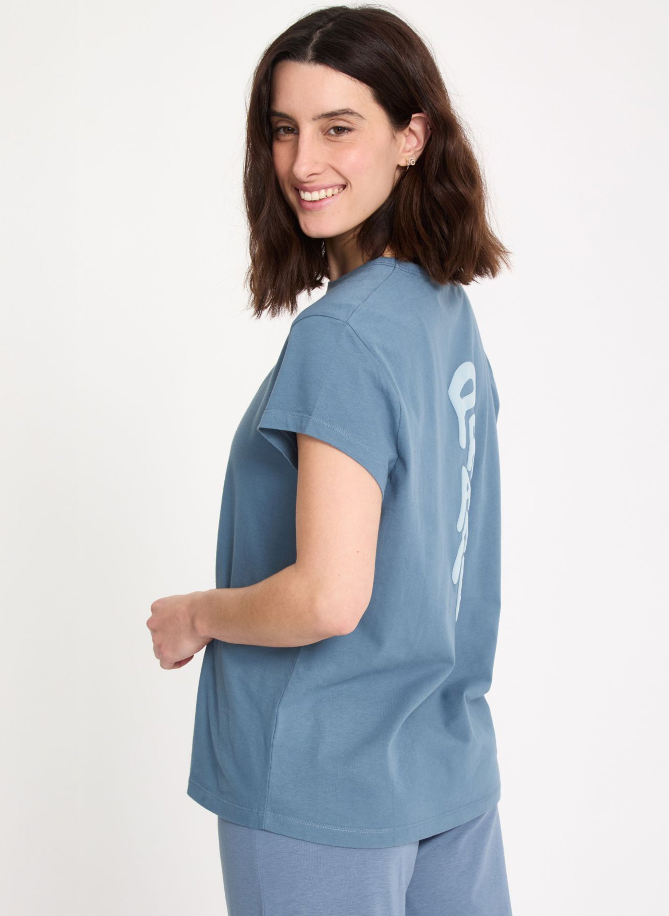 Gerader T-Shirt mit Siebdruck auf der Rückseite. YOGA SEARCHER Blau