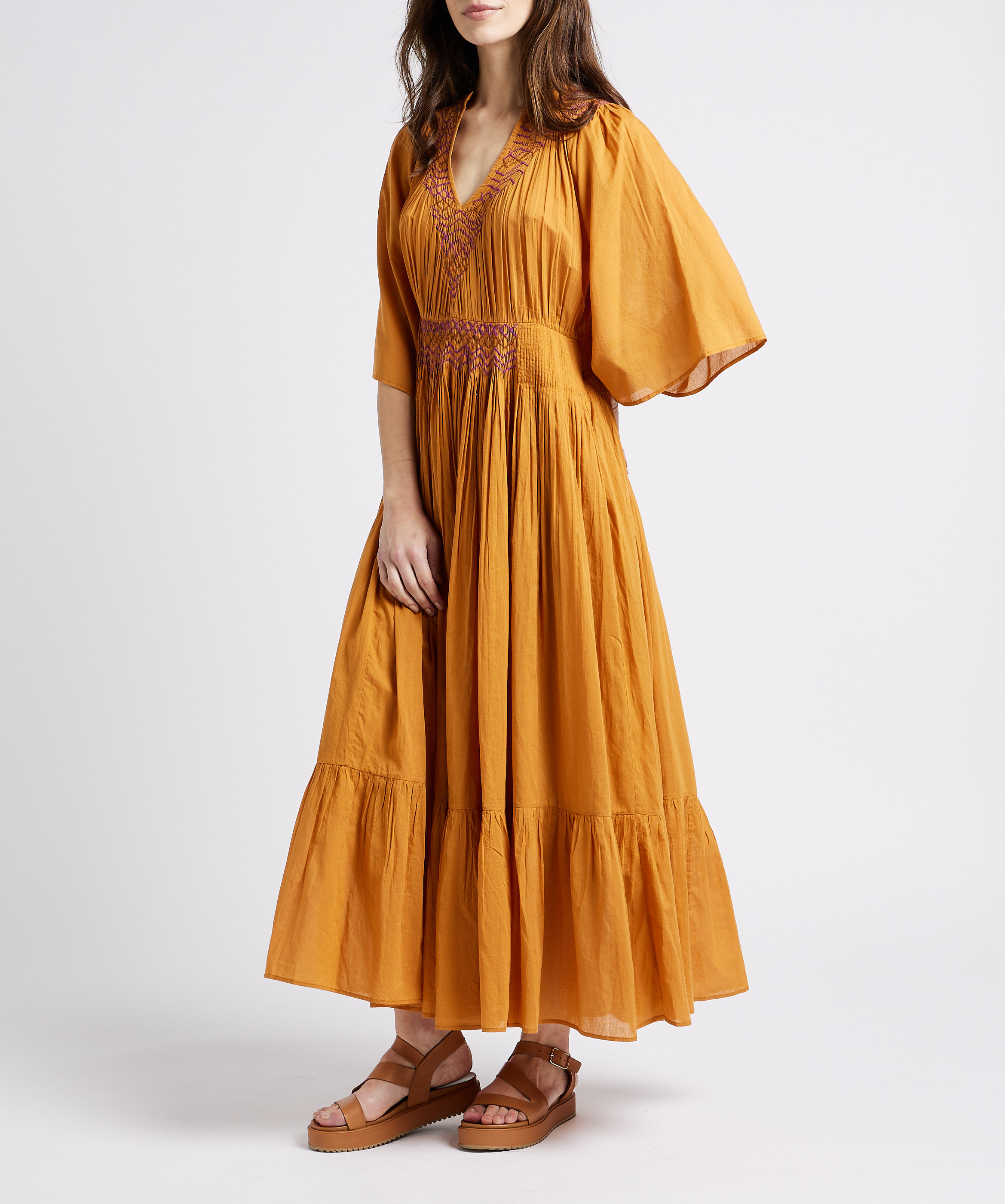 Robe longue ample col V en coton ANTIK BATIK Marron