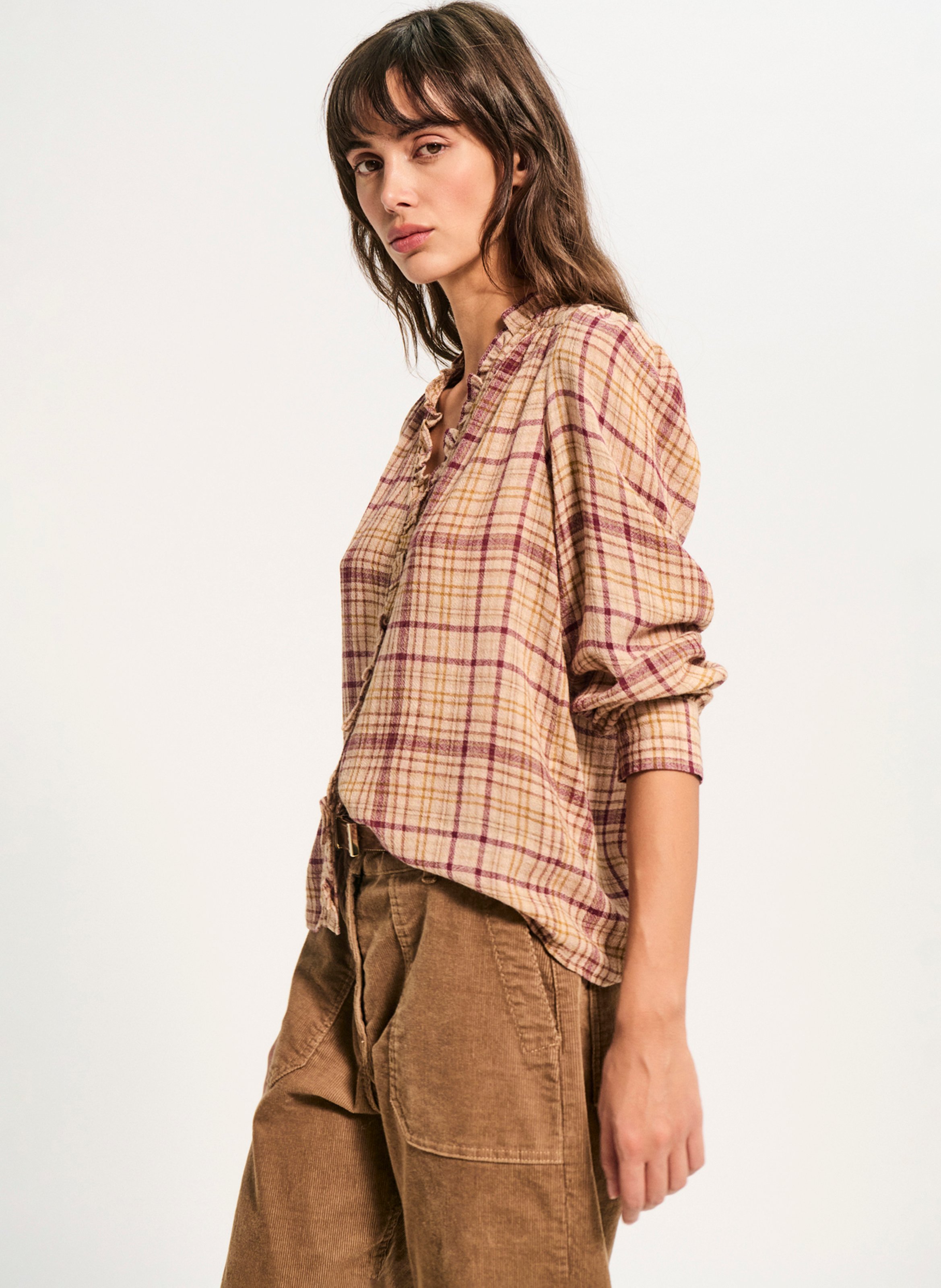 Chemise col V à carreaux PABLO Beige