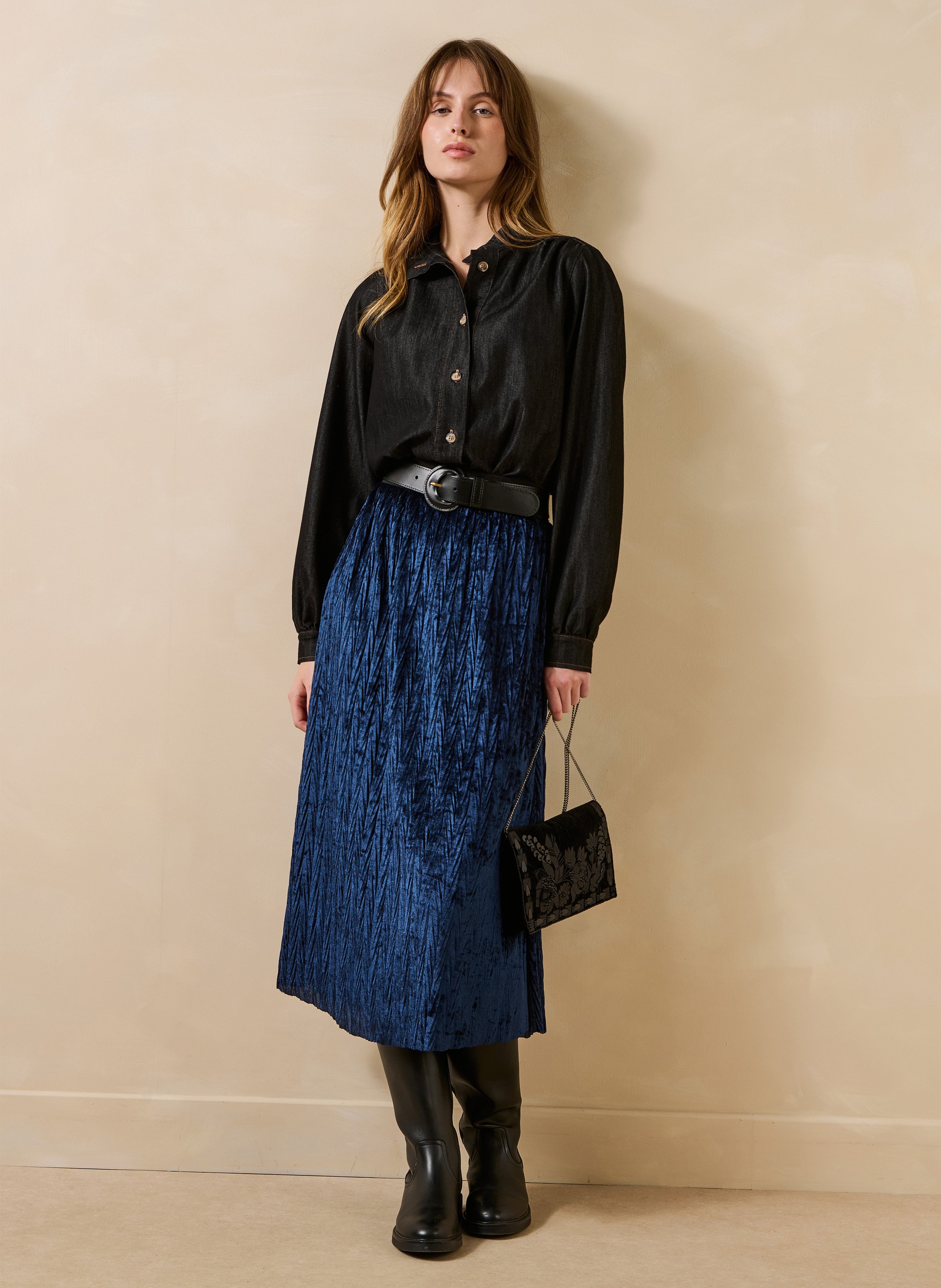 Flared midi skirt in velvet LA FEE MARABOUTEE Blue