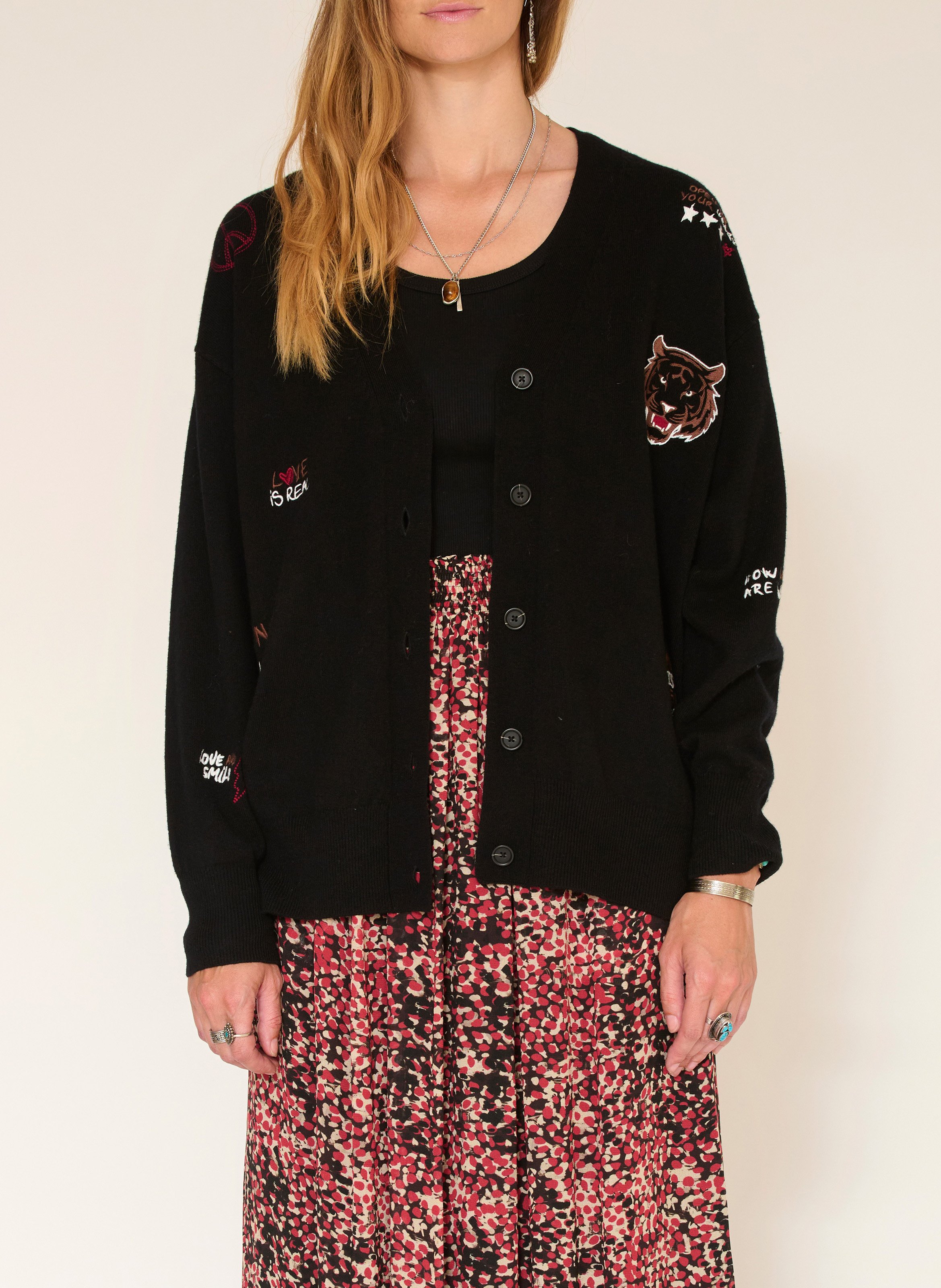 Gilet ample col V brodé en laine mérinos MKT Noir