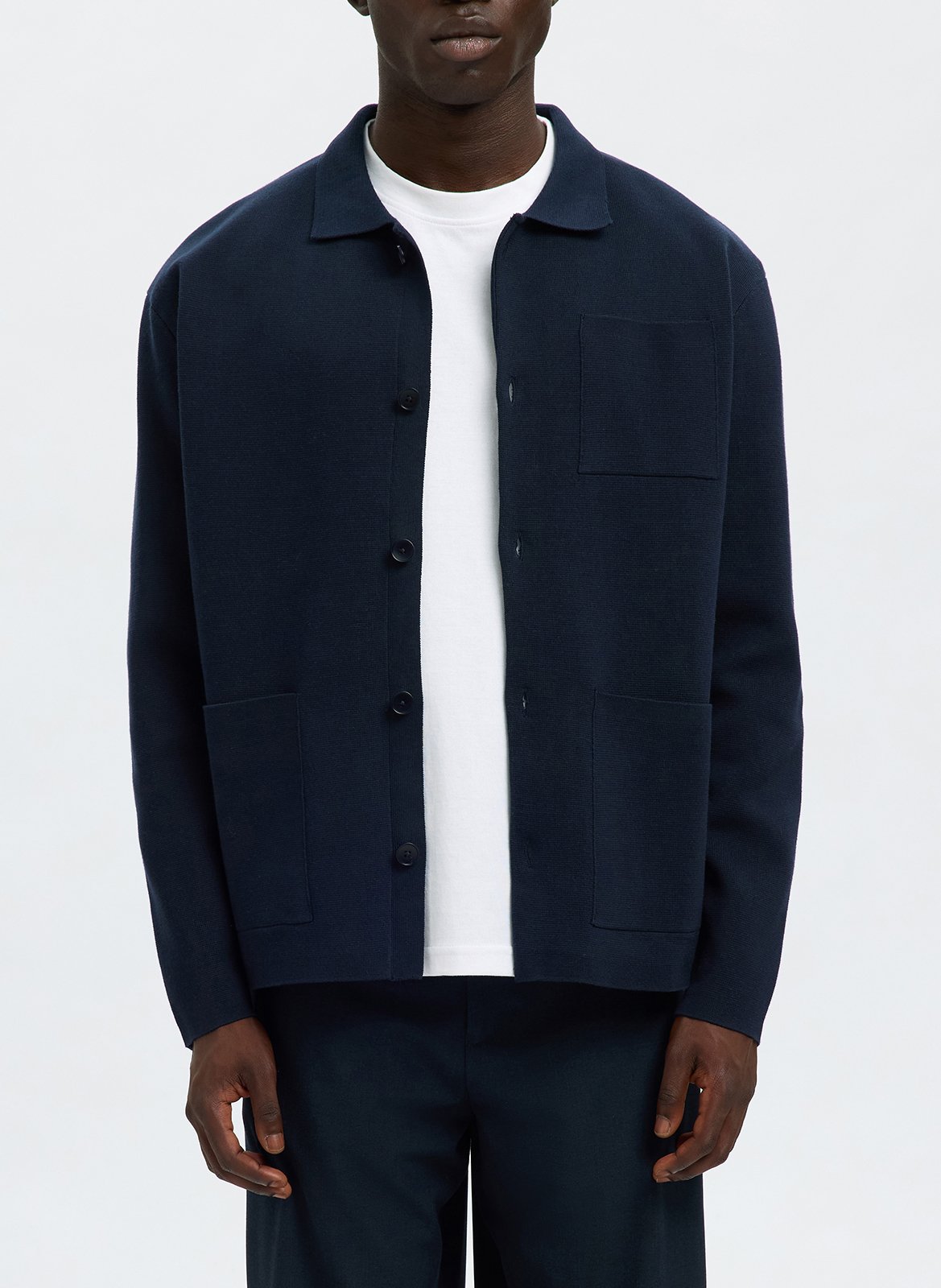 Cardigan droit col classique en coton bio mélangé SELECTED Bleu