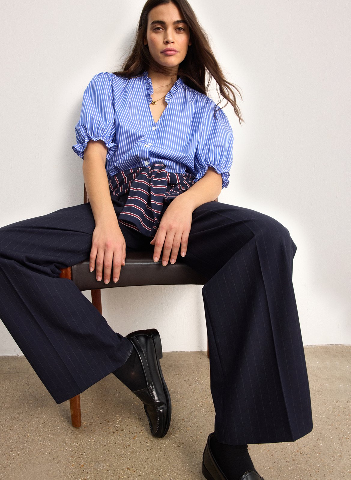 Blouse met V-hals in gestreept katoen PABLO Blauw