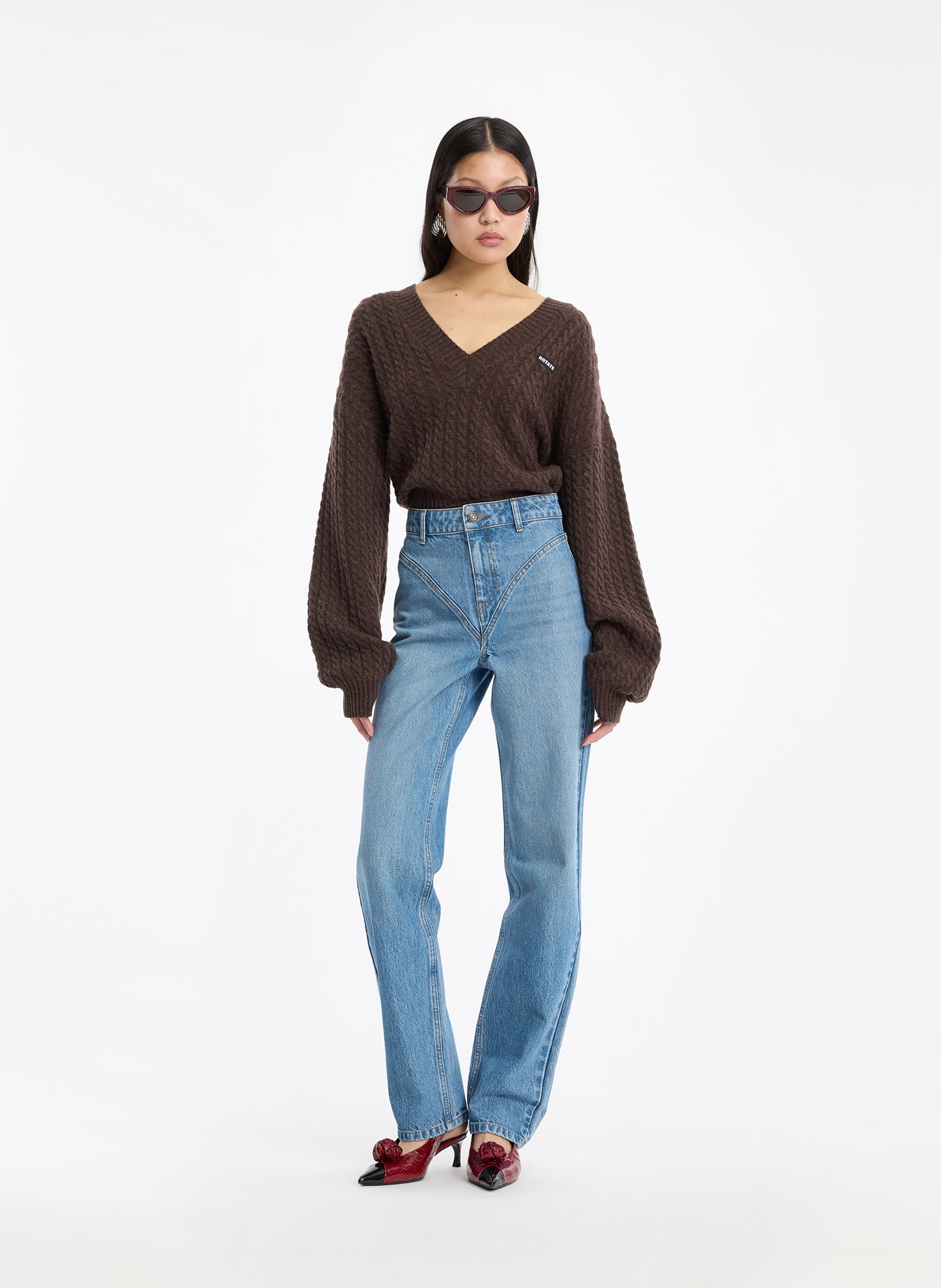 V-neck oversized twisted knit sweater ROTATE Brown