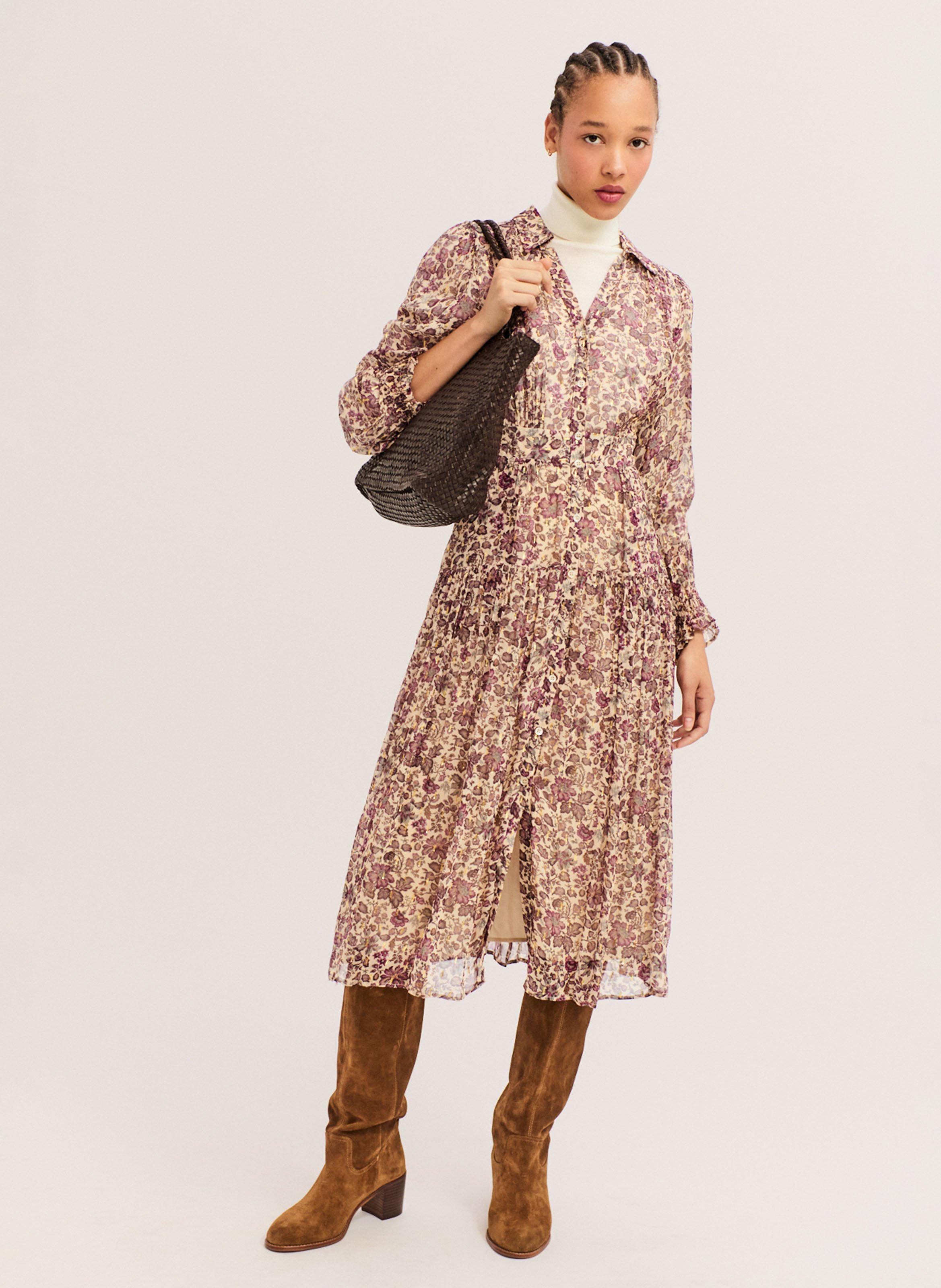 Langes Kleid mit klassischem Kragen und Print PABLO Beige