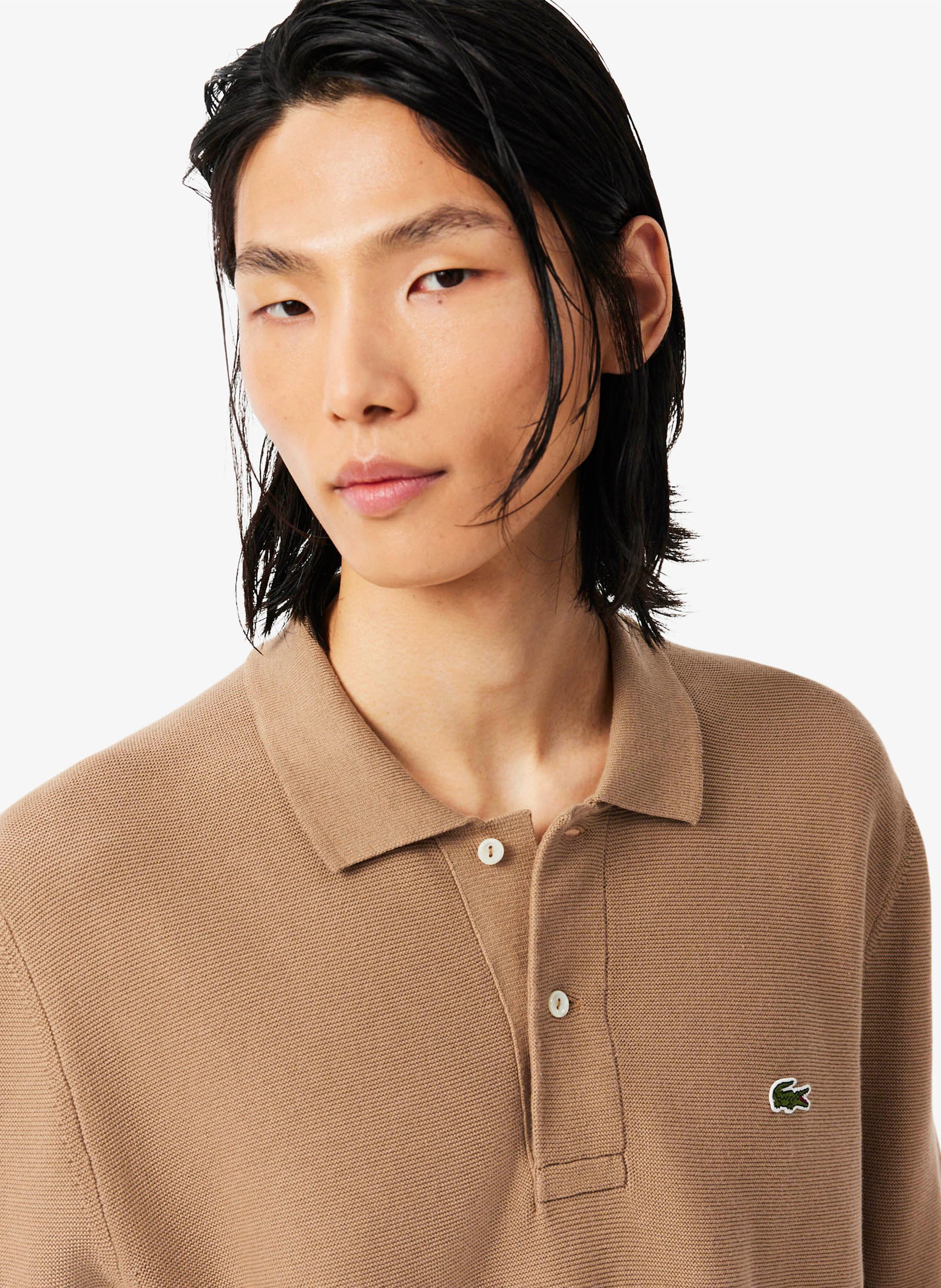 Straight fit long-sleeved cotton polo LACOSTE Brown