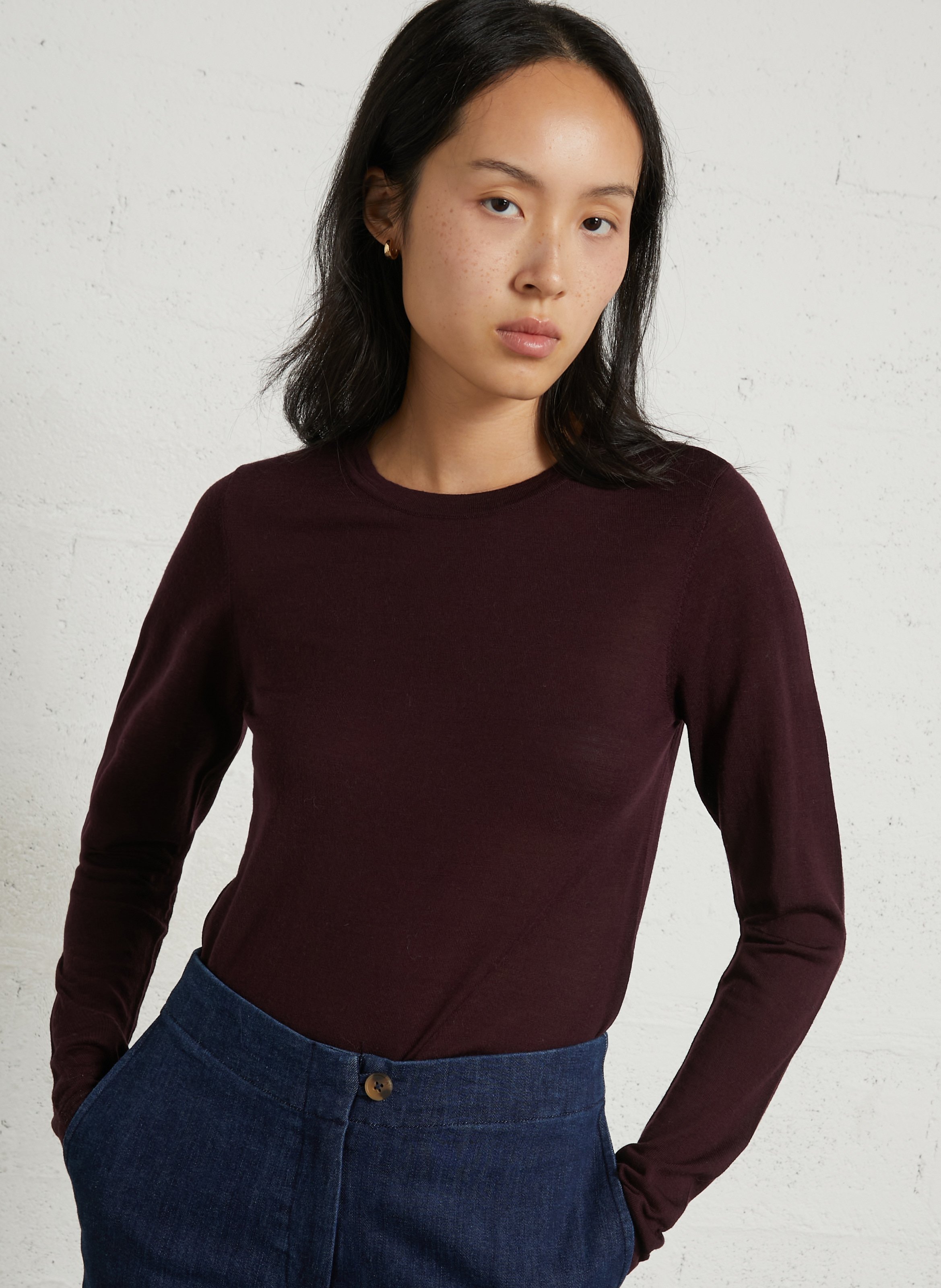 Pull fin col rond manches longues en laine mérinos PETITE MENDIGOTE Violet