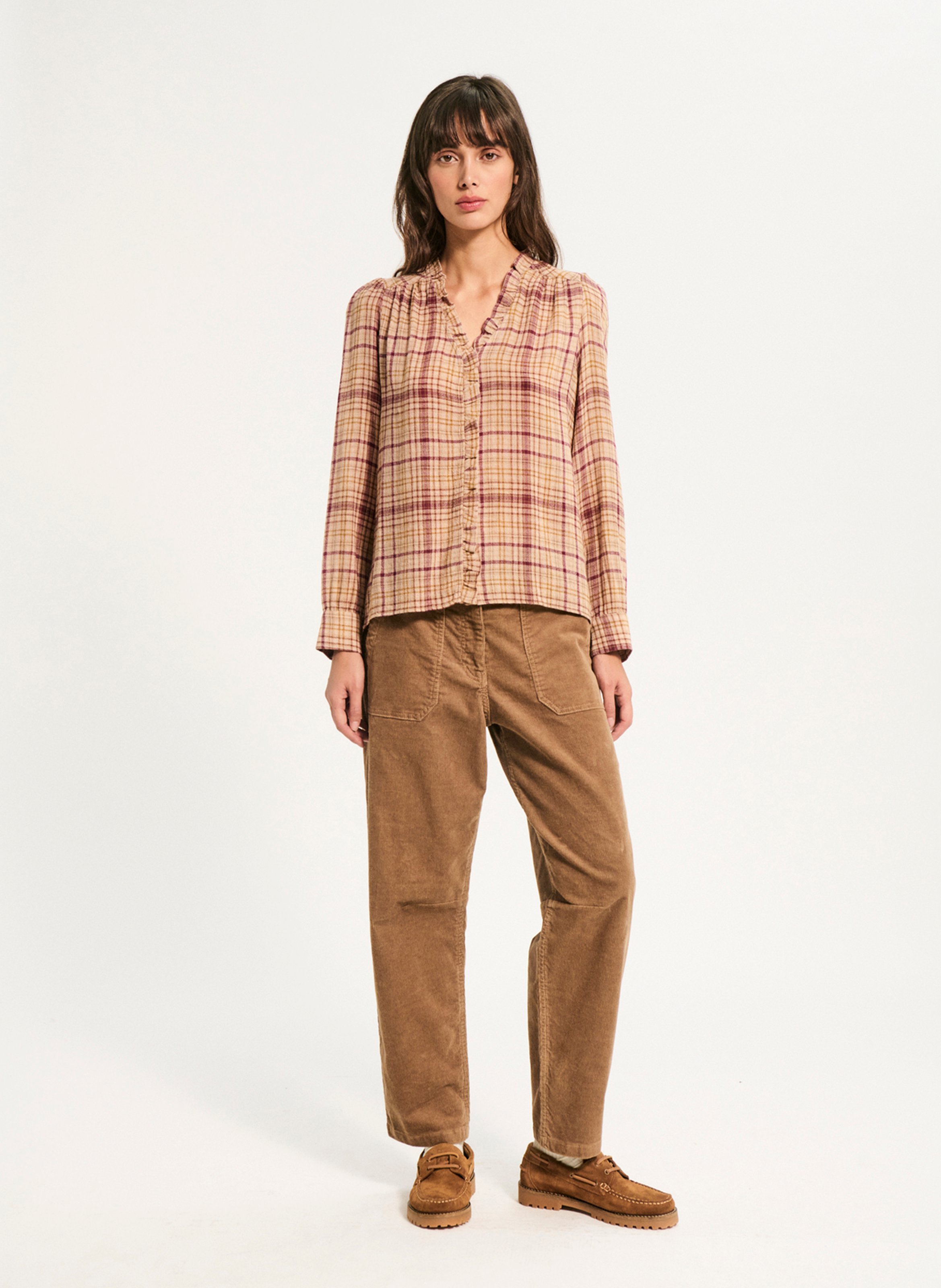 Chemise col V à carreaux PABLO Beige