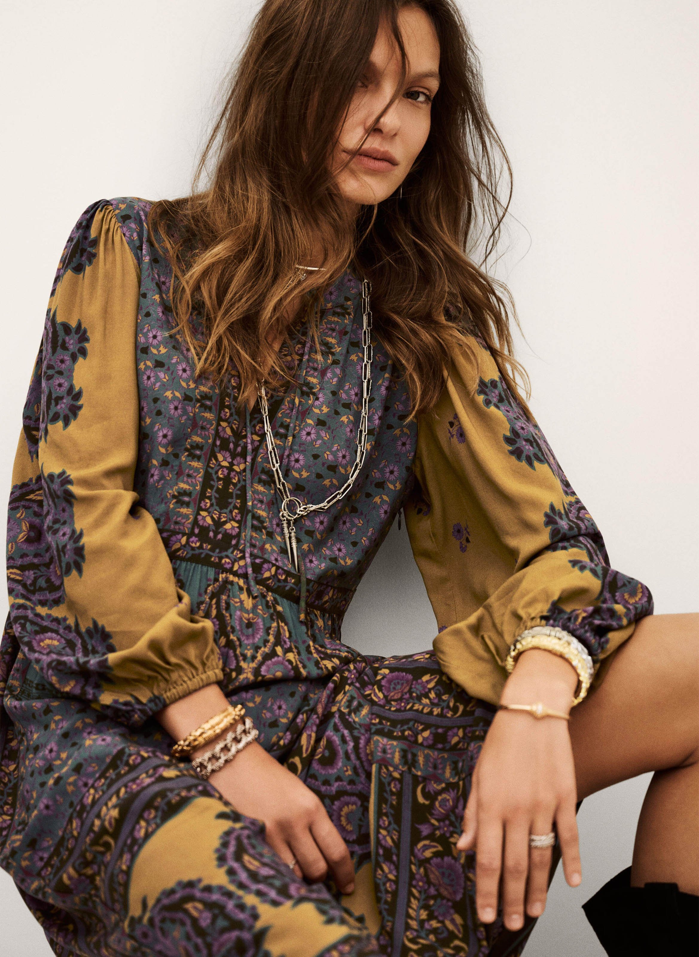 Halflange jurk met print en V-hals BA&SH Bruin