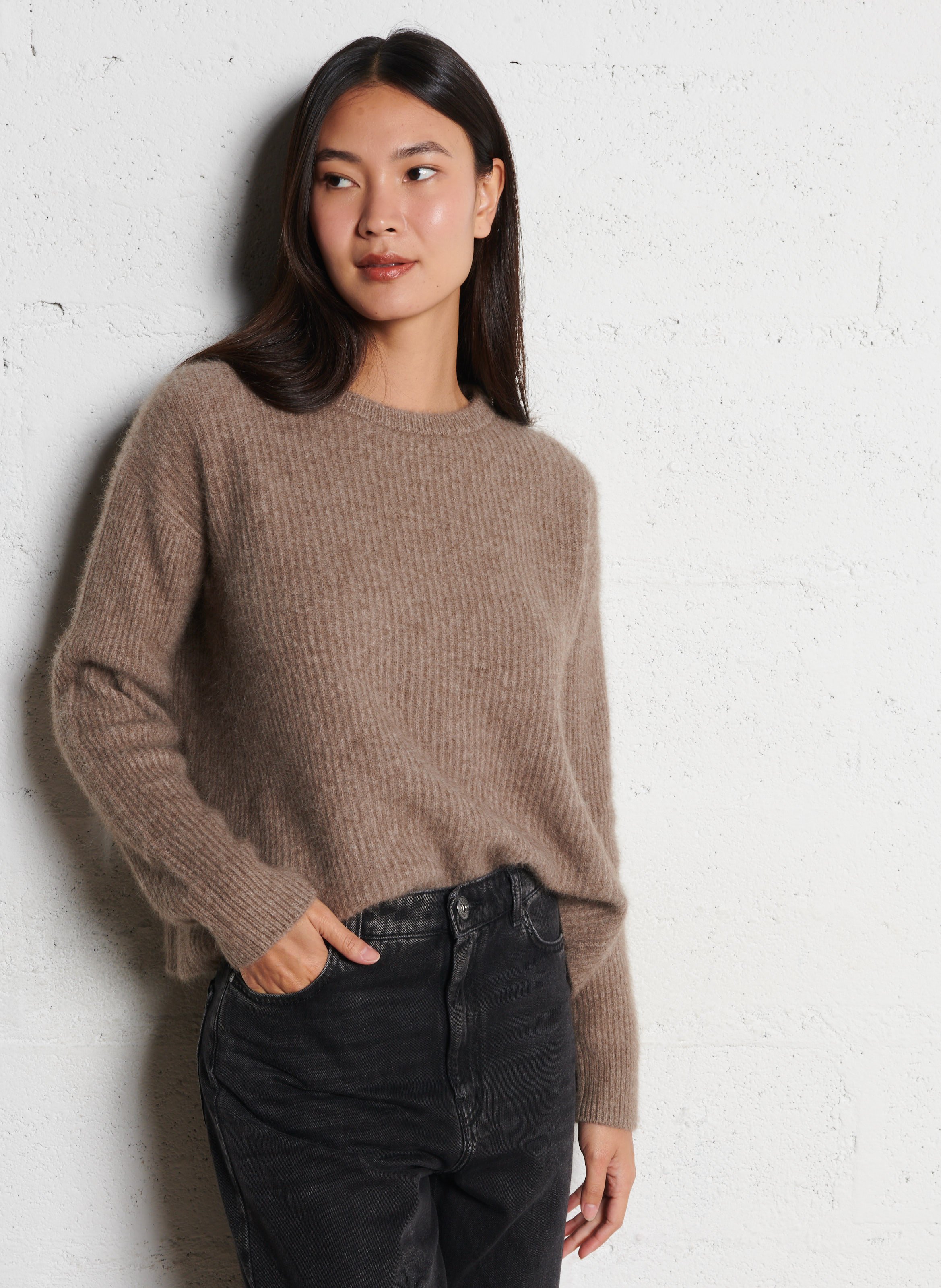 Pull ample col rond en laine mélangée MAJESTIC FILATURES Beige