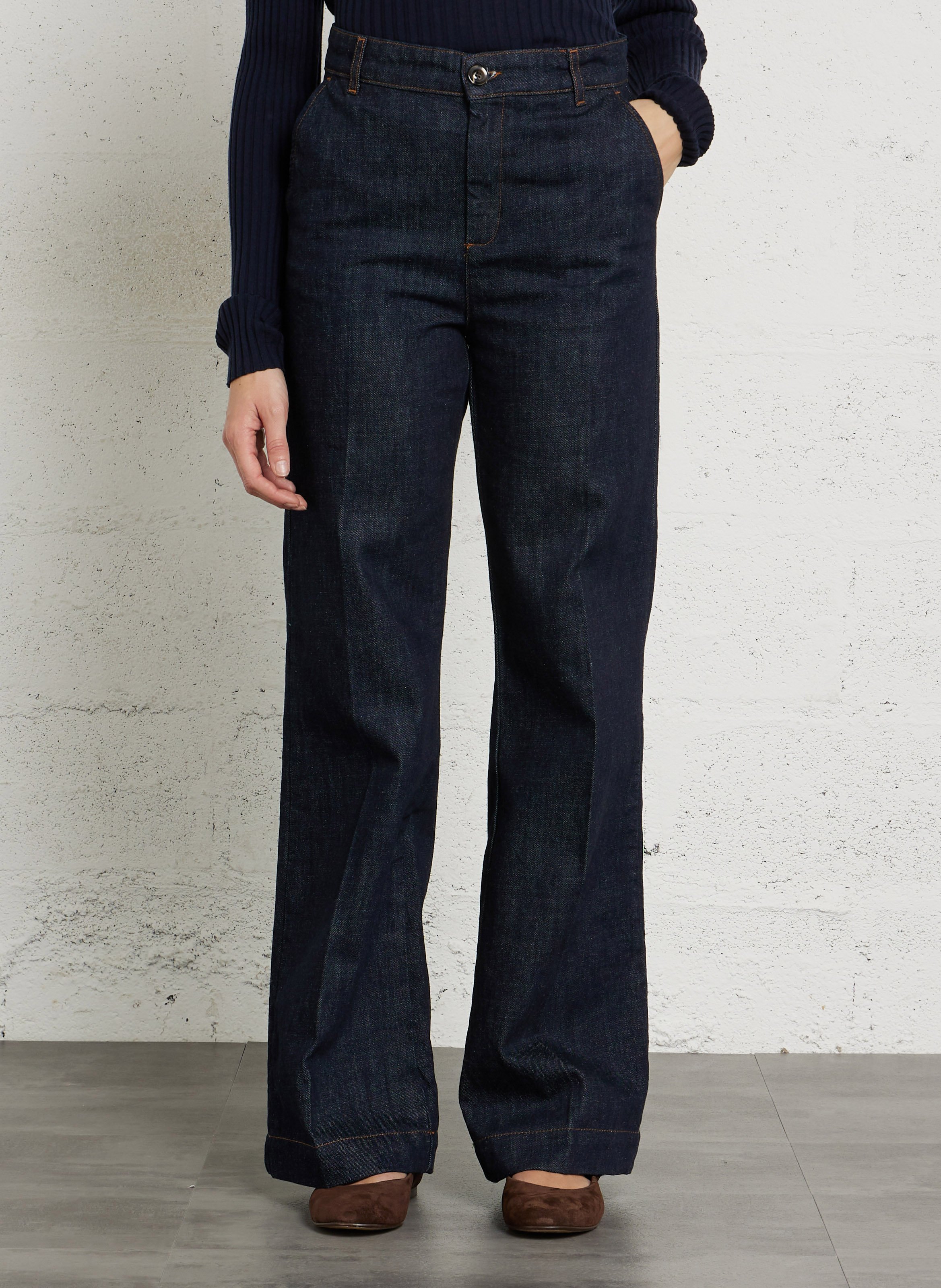 High-waisted raw denim straight-leg pants SOEUR Blue