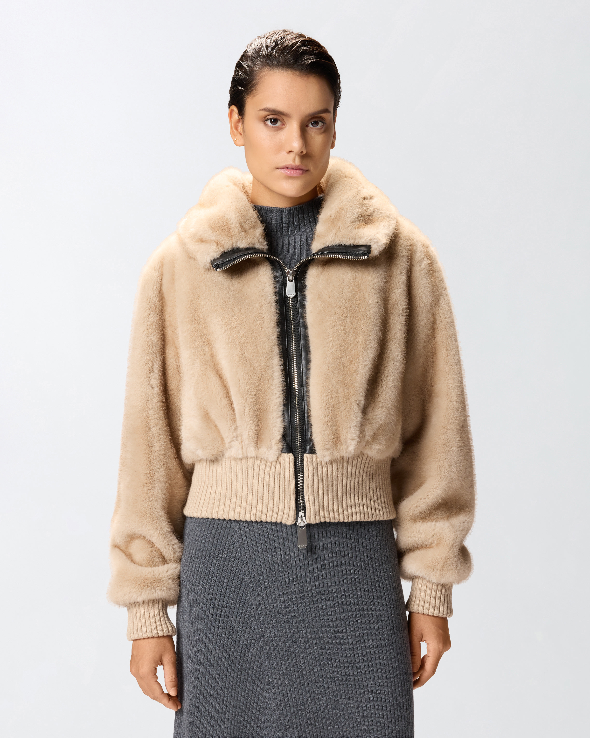 Faux fur bomber jacket PINKO Beige