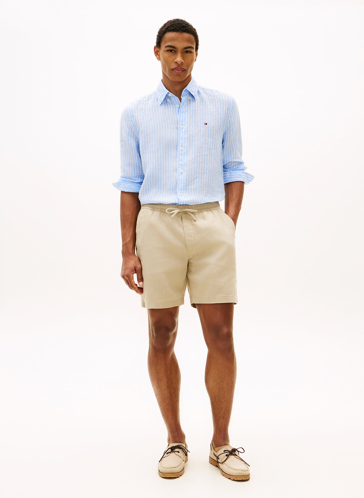 Recht short van gemengd linnen Beige