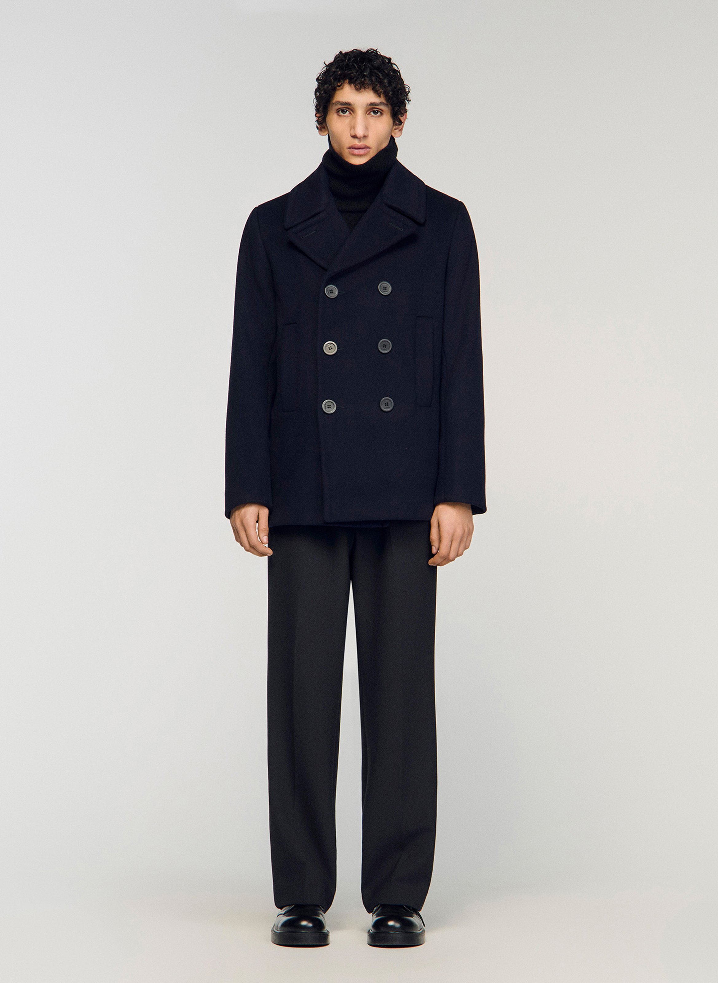 Manteau droit en laine mélangée SANDRO Bleu