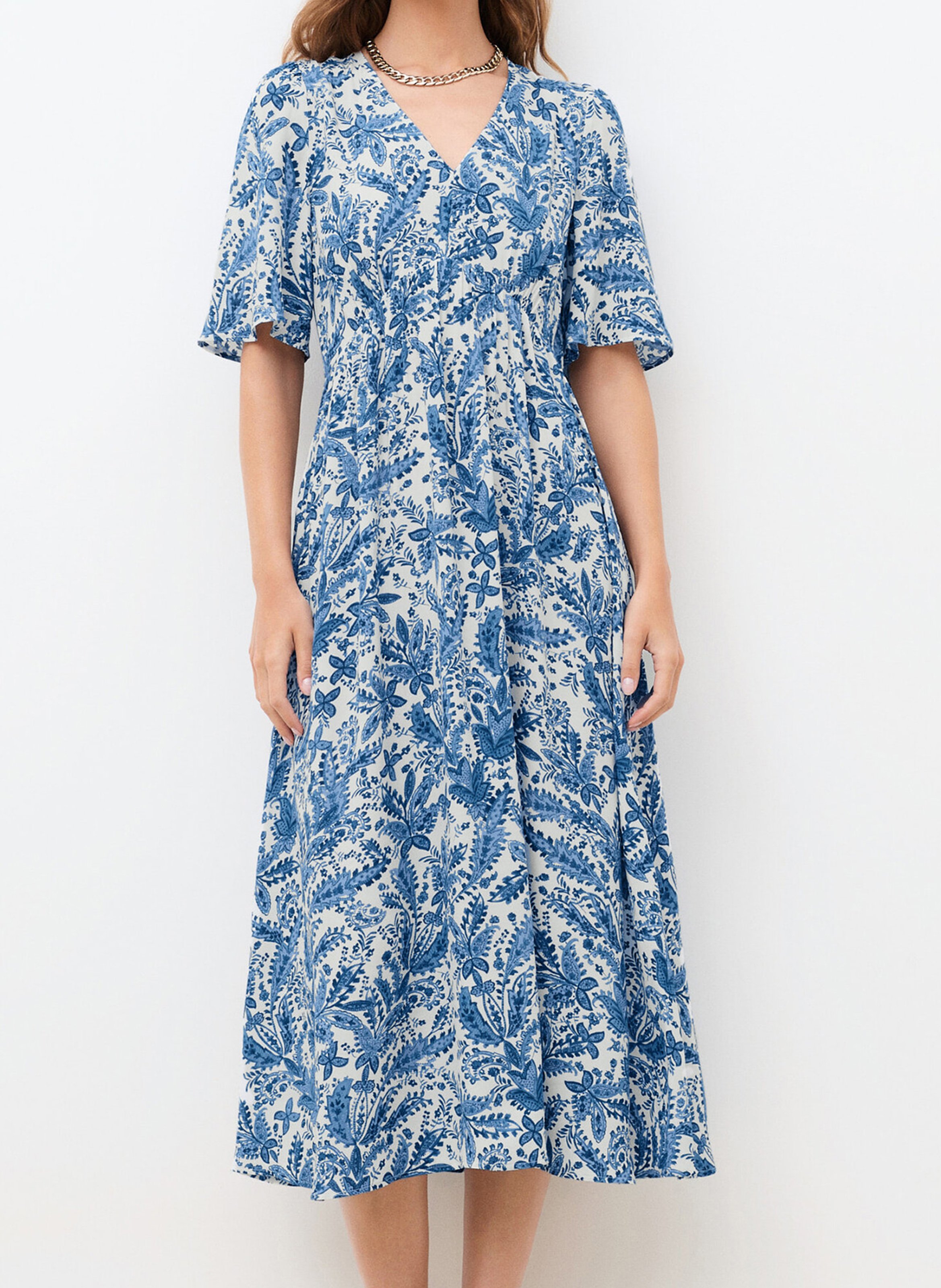 Robe midi ample col V imprimée CAROLL Bleu