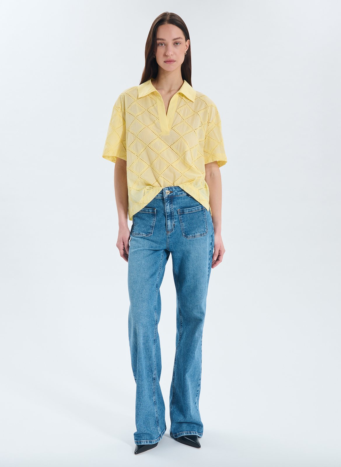 Blouse oversize col V en coton brodé ZAPA Jaune
