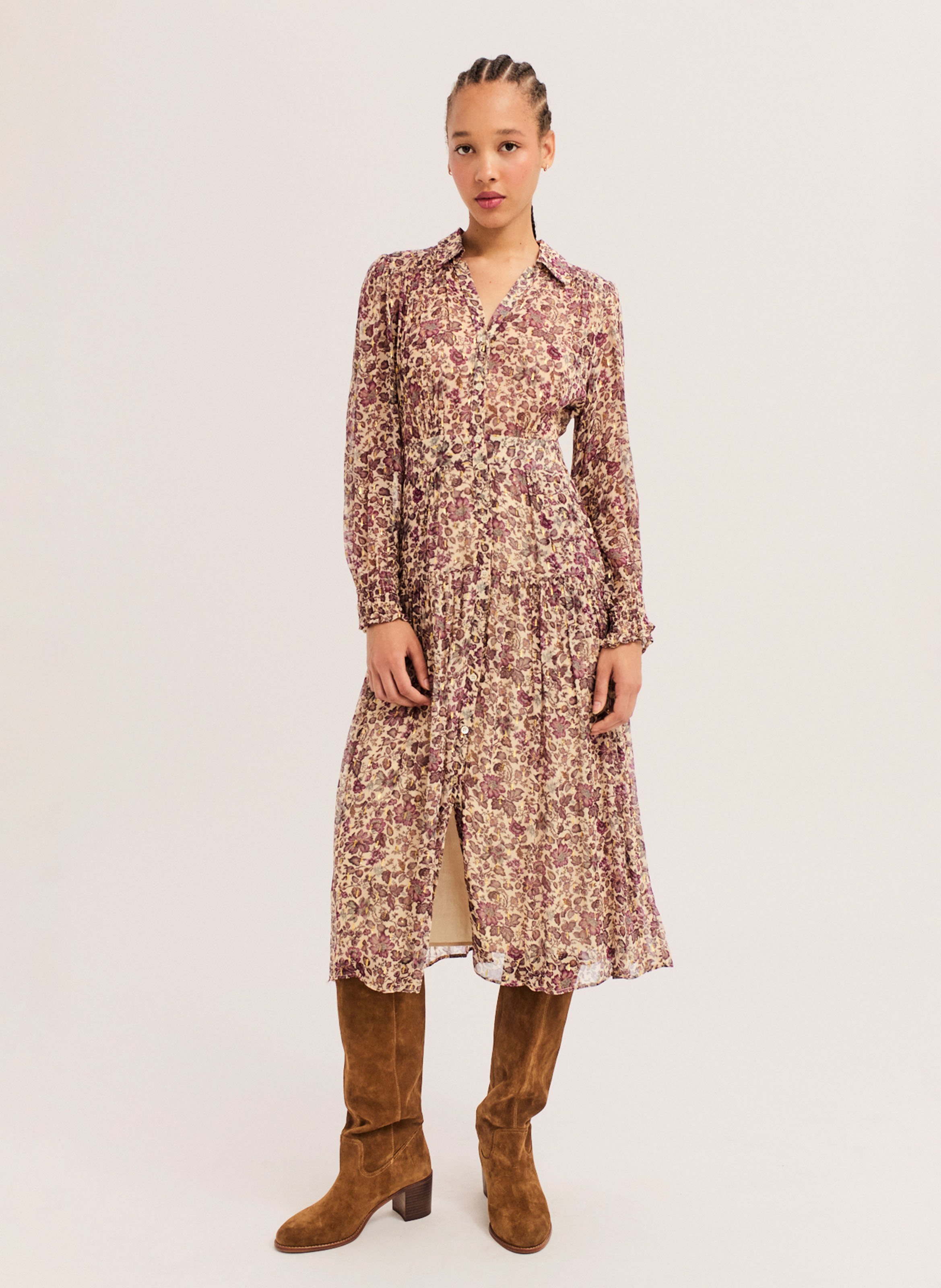 Langes Kleid mit klassischem Kragen und Print PABLO Beige