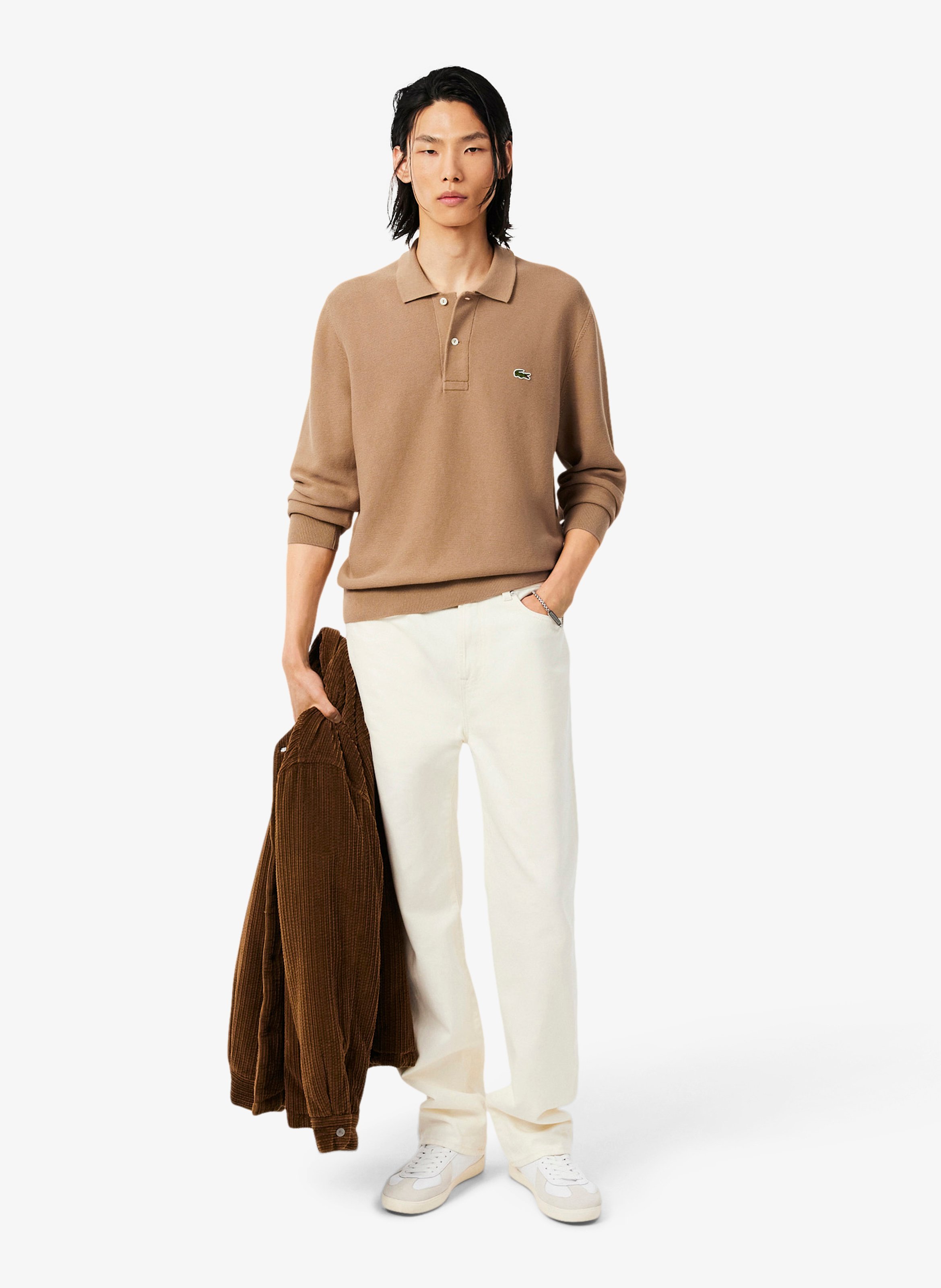 Straight fit long-sleeved cotton polo LACOSTE Brown