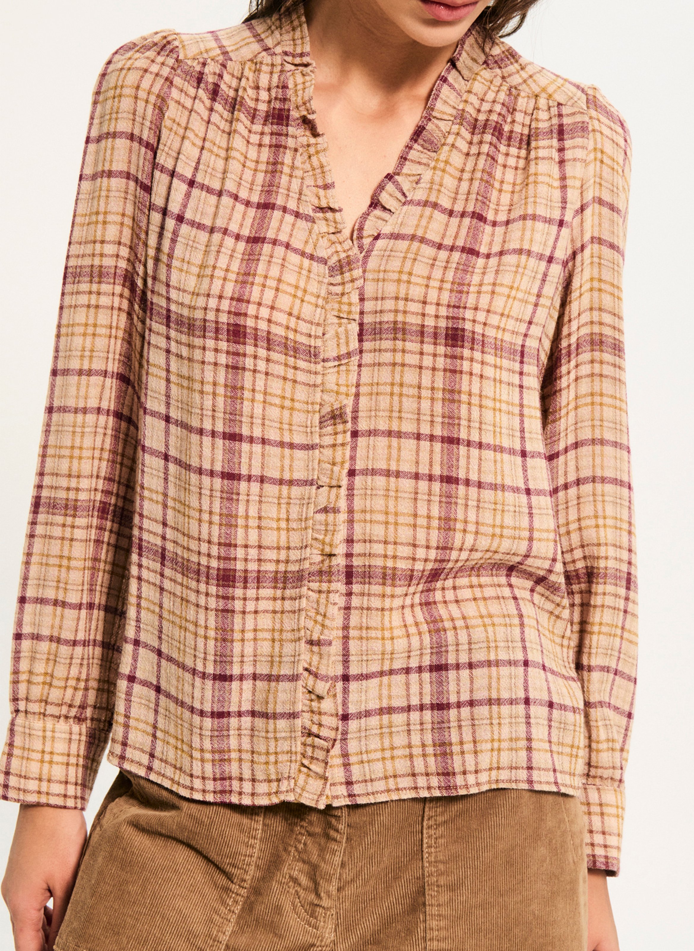 Chemise col V à carreaux PABLO Beige