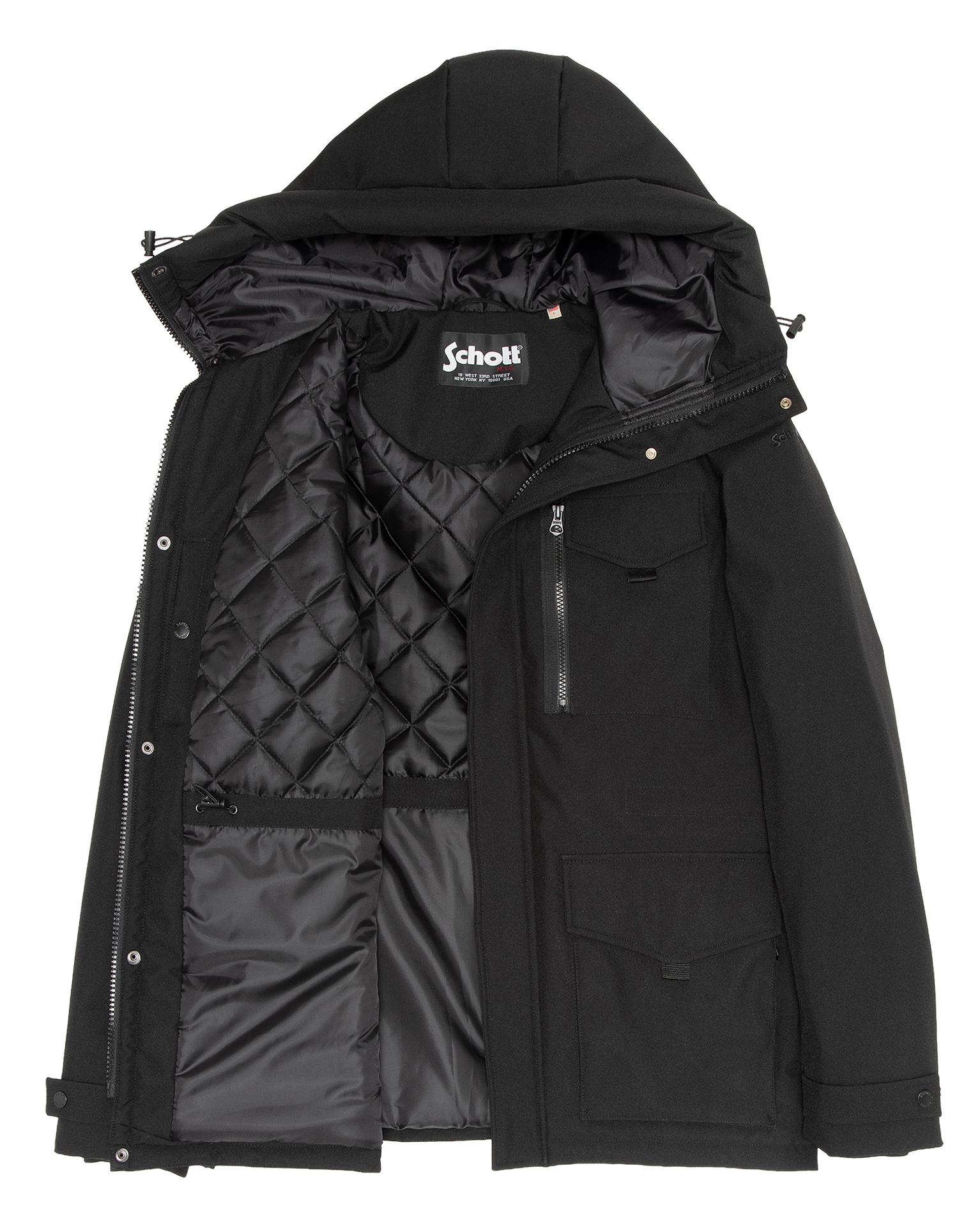 Parka à capuche droite à poches SCHOTT Noir