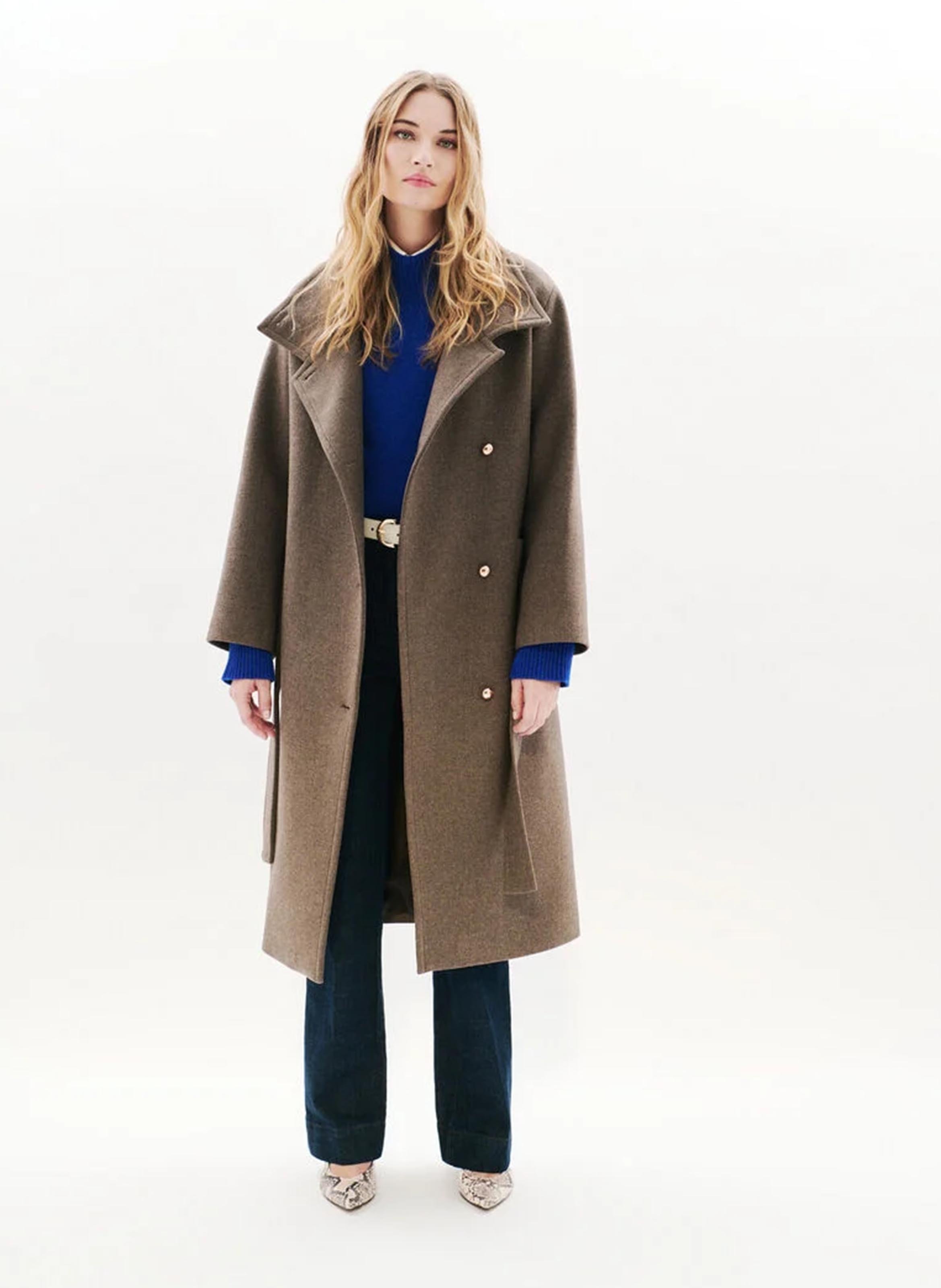Straight coat with high collar in blended recycled wool CAROLL Brown